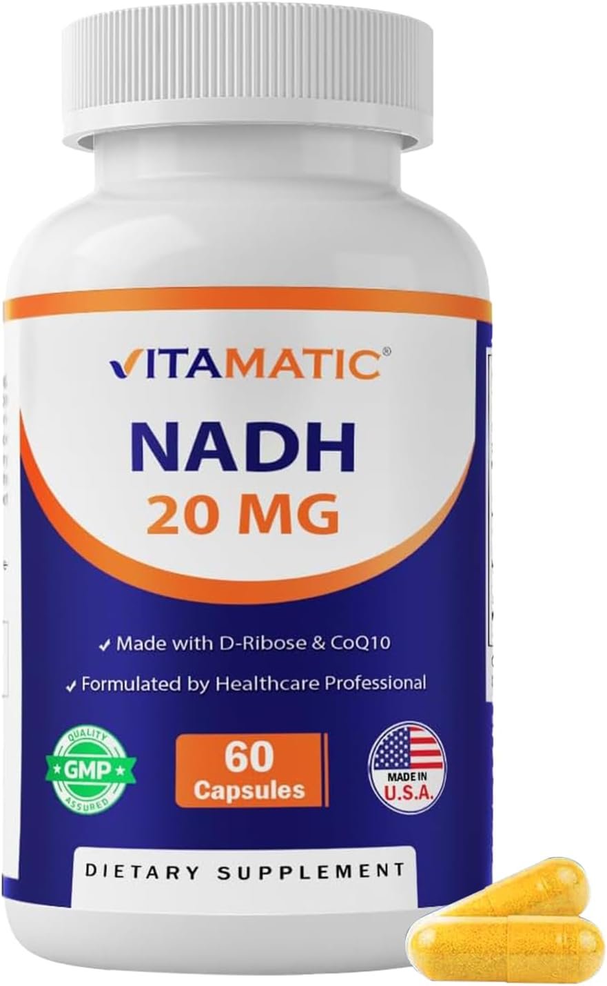 Vitamatic NADH 20mg with D-Ribose & CoQ10 – 60 Capsules, B-Nicotinamide Adenine Dinucleotide, Non-GMO, Gluten Free