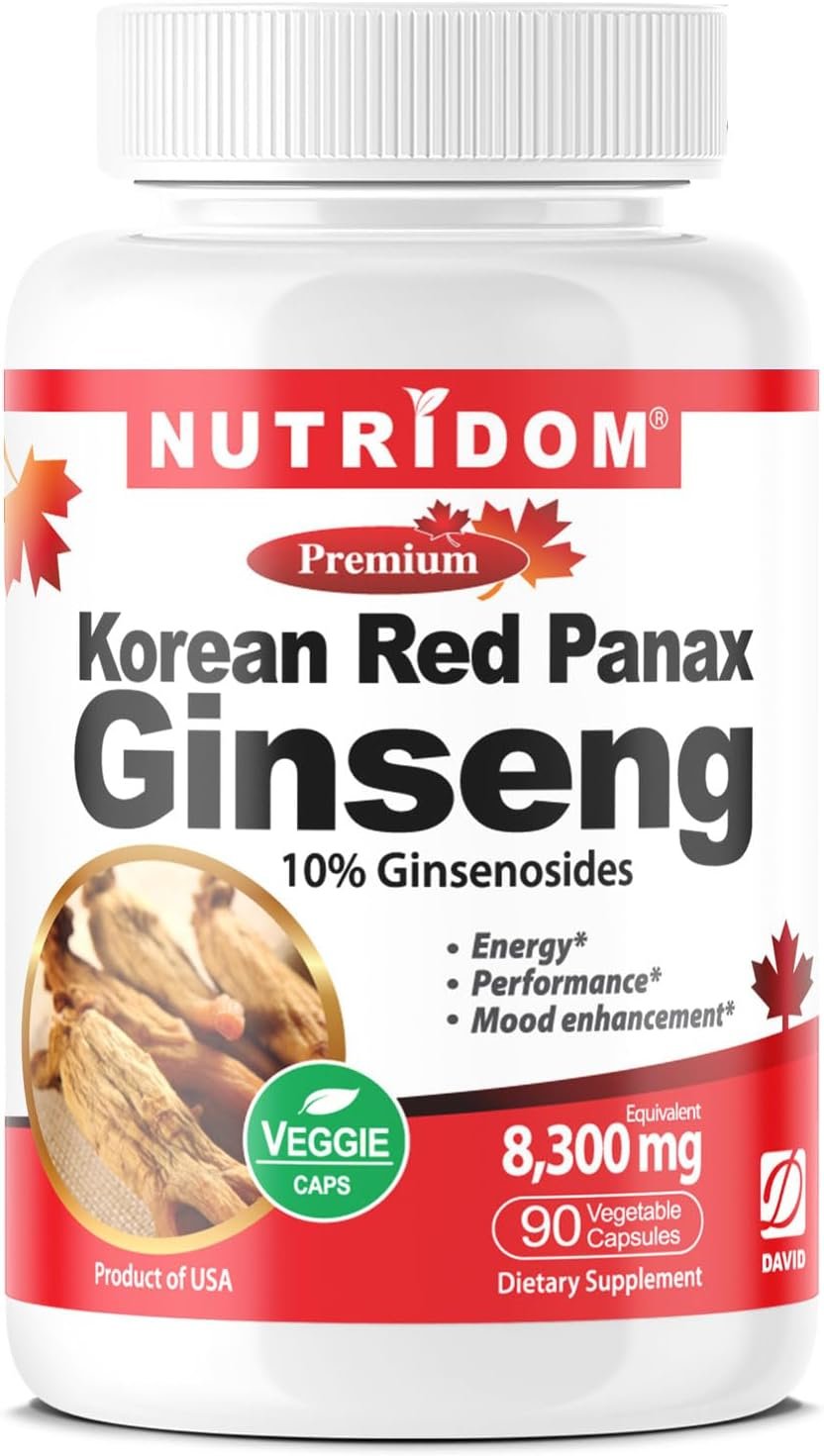 Nutridom Panax Ginseng Korean-Red 8,300mg per Day, 10% Ginsenosides, Non-GMO, Vegan, Gluten-Free, Soy-Free, and Dairy-Free, 90 Veggie Capsules