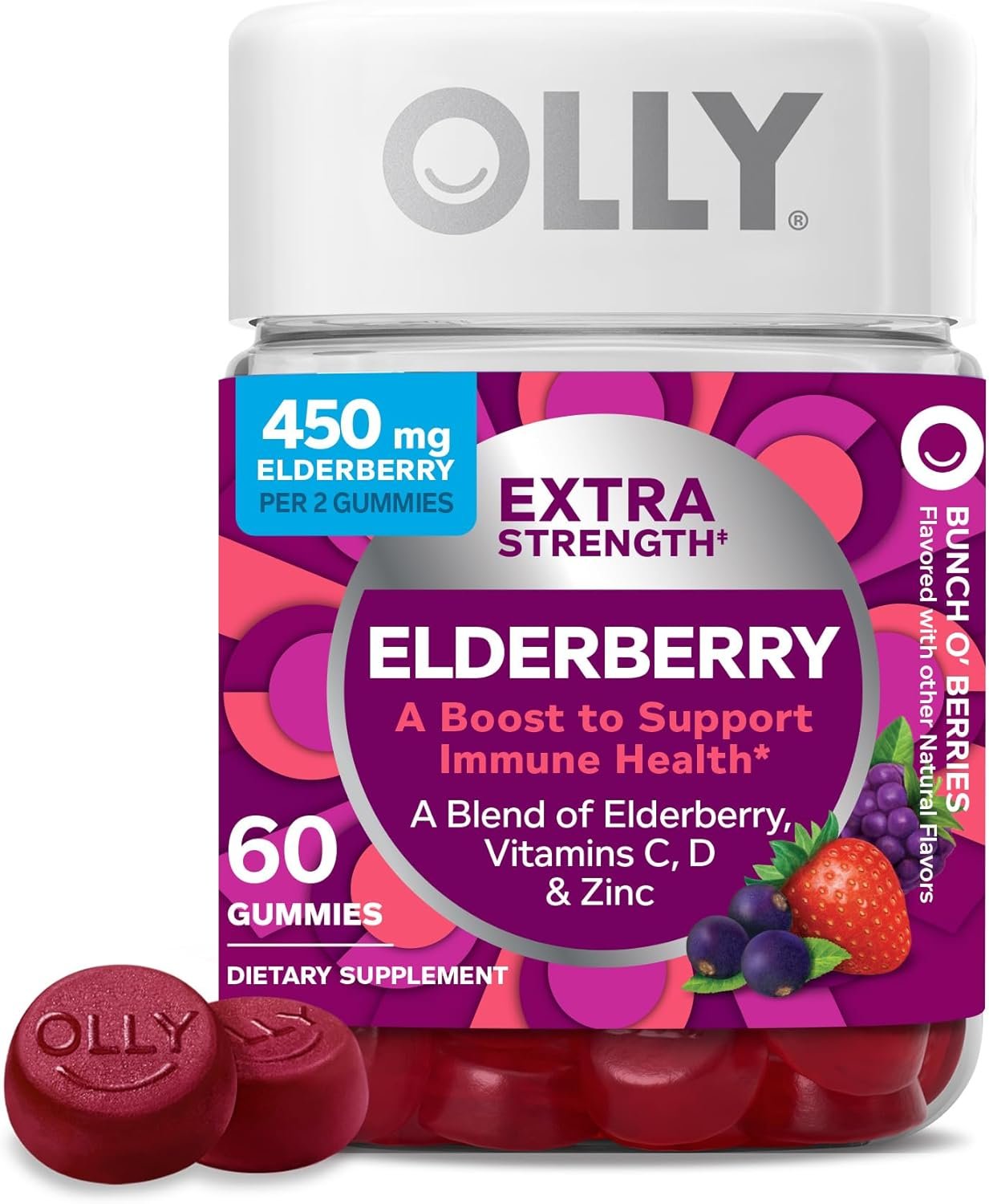 OLLY Extra Strength Elderberry Gummies, Immune Support, 450mg Elderberry, Vitamin C, D and Zinc, Berry – 60 Count