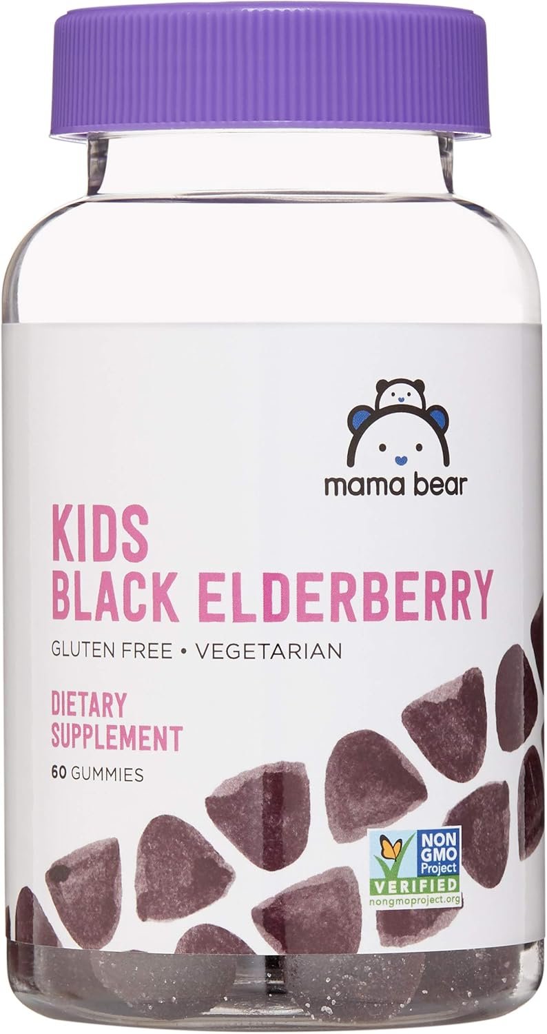 Amazon Brand – Mama Bear, Vegetarian Kids Black Elderberry Gummies 300 mg with Vitamins C, D, E and Zinc – Immune System Support – 60 Gummies (1 to 2 Month Supply), Non-GMO, Gluten Free