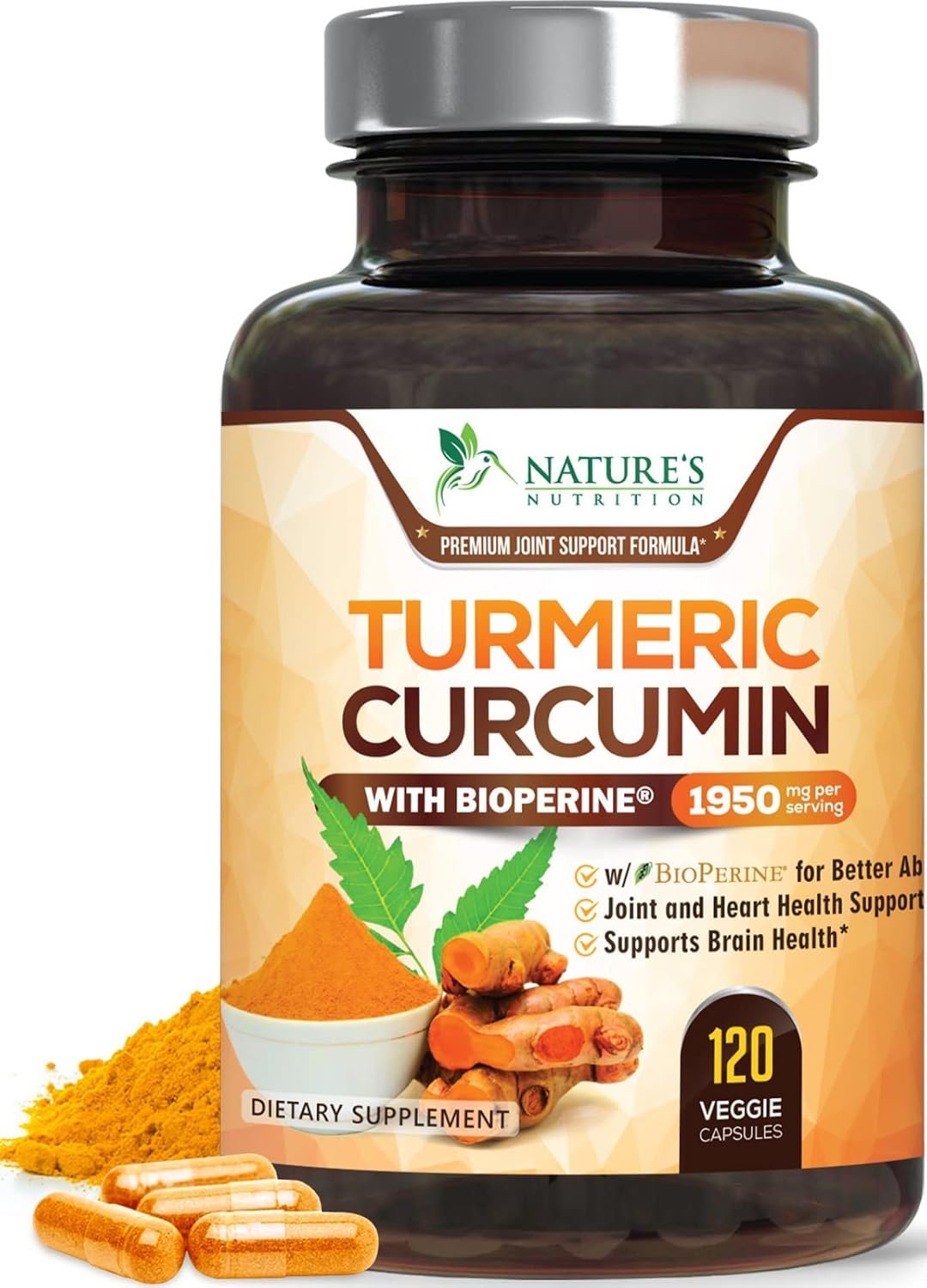 Turmeric Curcumin Supplement 1950mg – 95% Curcuminoids with Organic Turmeric & BioPerine Black Pepper Extract for Best Absorption, Natural Vegan Joint Support, Non-GMO, Bottled in USA – 120 Capsules
