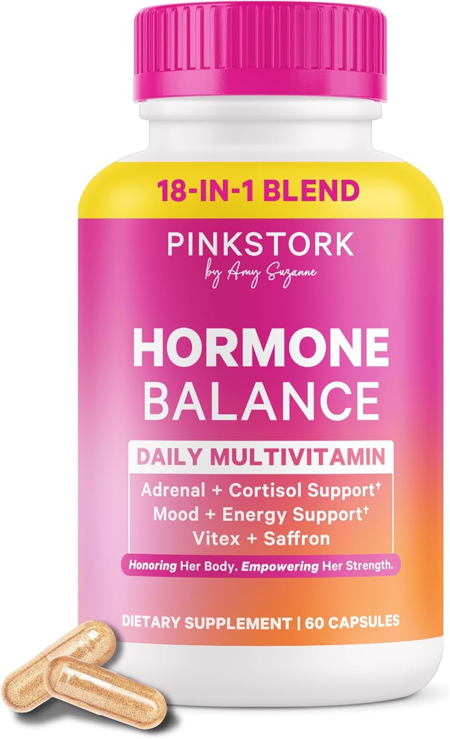 Pink Stork Hormone Balance Supplement for Women | 18-in-1 Multivitamin with Vitex, Saffron, Ashwagandha, Magnesium | Mood, Energy, Cortisol, Adrenal Support | PMS, Perimenopause Support | 60 Capsules