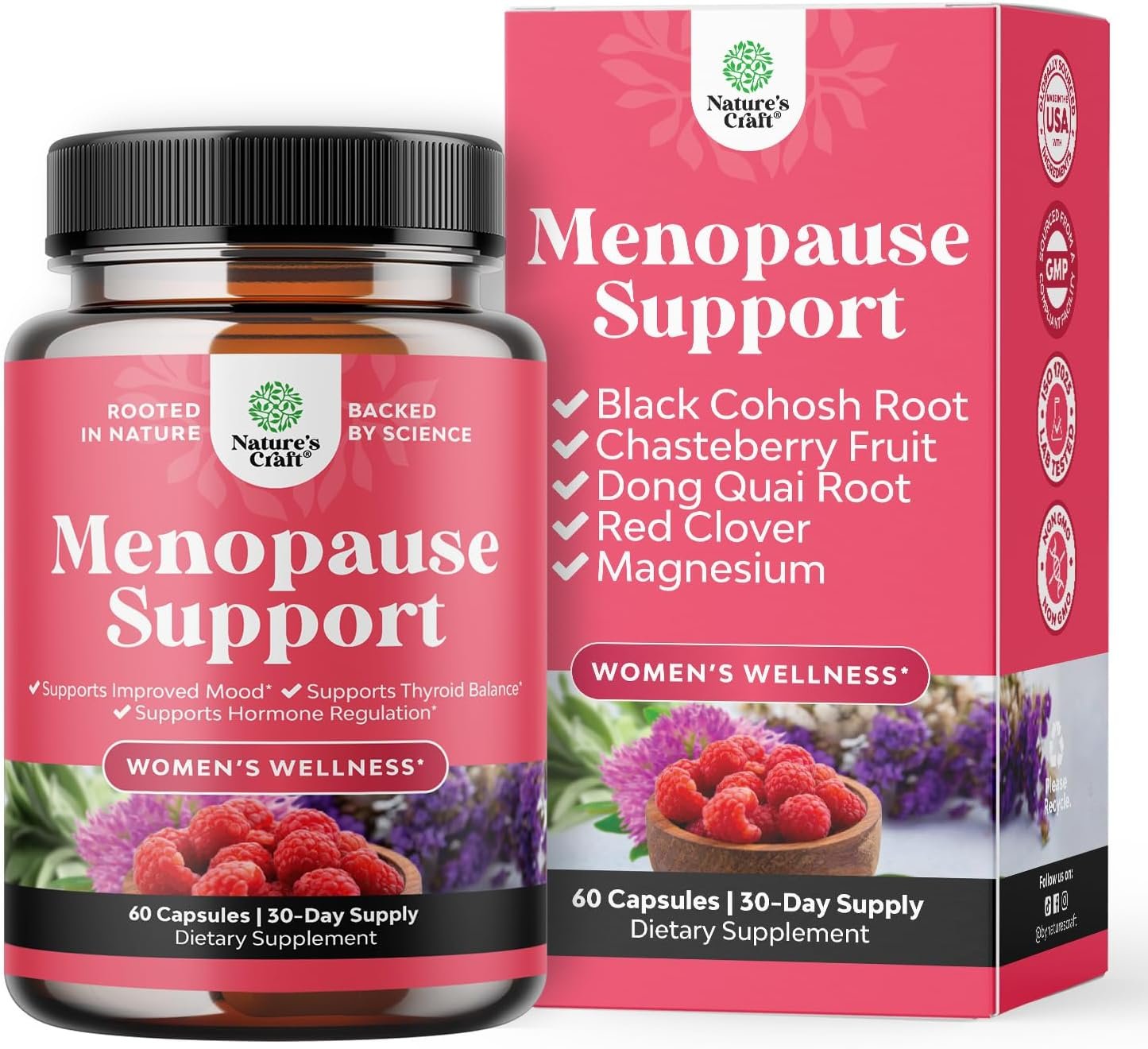 Complete Herbal Menopause Supplement for Women – Female Hormone Balance Capsules for Night Sweats Hot Flashes & Mood Swings with Dong Quai, Chaste Berry & Black Cohosh Root – 60 Count Pack