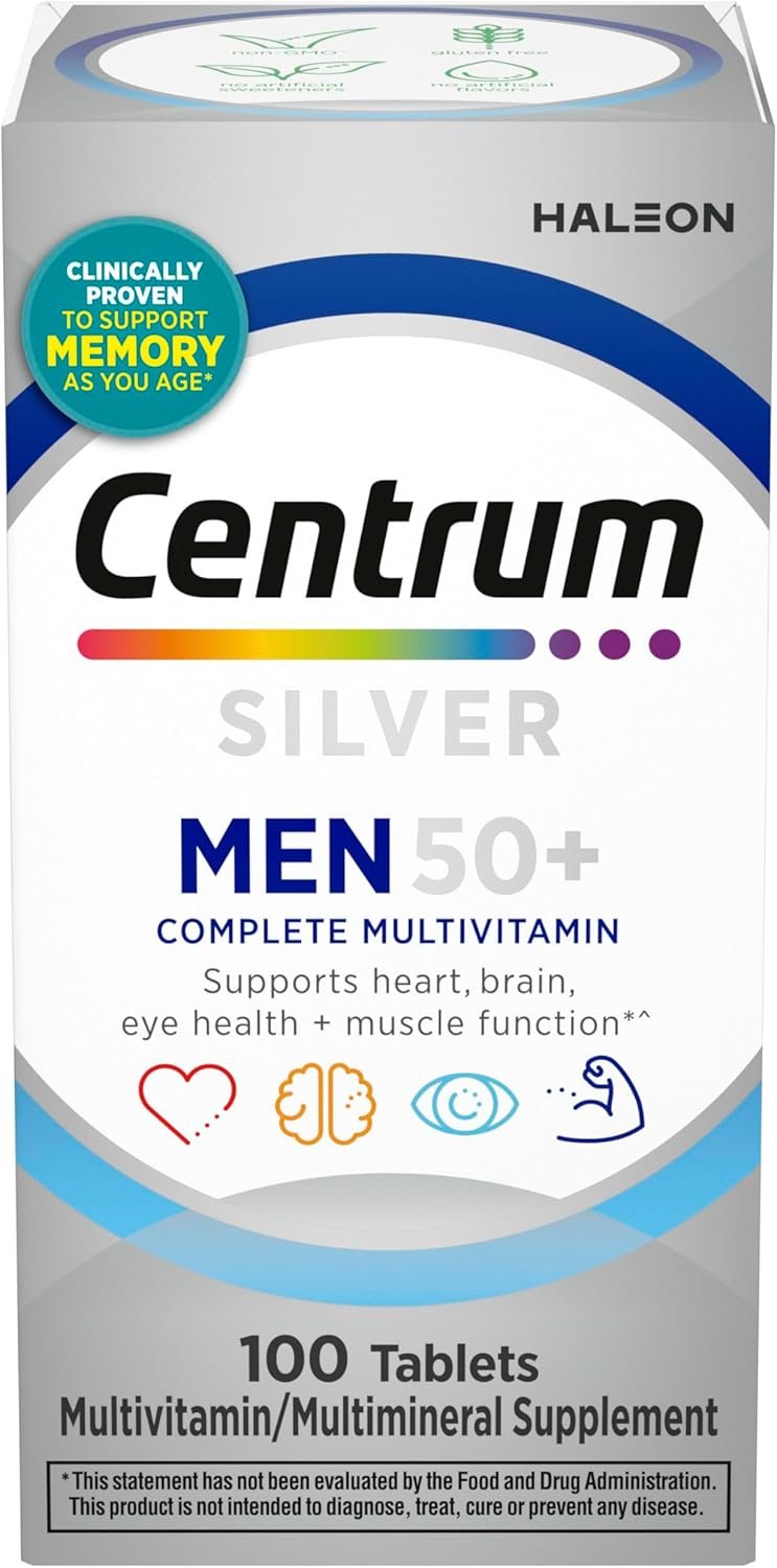Centrum Silver Multivitamin for Men 50 Plus, Multimineral Supplement, Vitamin D3, B-Vitamins and Zinc, Gluten Free, Non-GMO Ingredients, Supports Memory and Cognition in Older Adults – 100 Ct