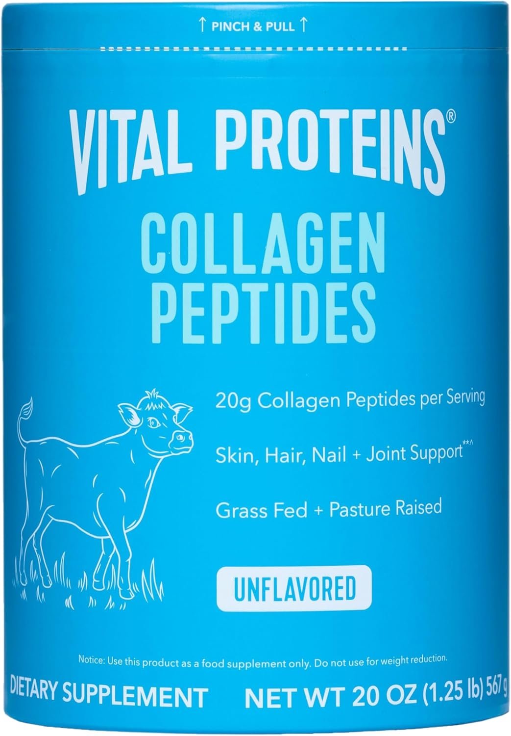 Vital Proteins Grass Fed Collagen Peptides Powder, Supports Hair, Skin, Nails, Bones, and Joints Health, Hydrolyzed Peptides – Zero Sugar, Unflavored, 20oz