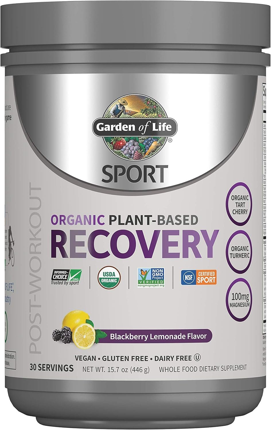 Garden of Life Sport Vegan Post Workout Muscle Recovery Powder for Men & Women – BlackBerry Lemonade 30 Servings, Organic Plant Based Recovery, 100mg Magnesium, Antioxidants, Post Workout Supplements
