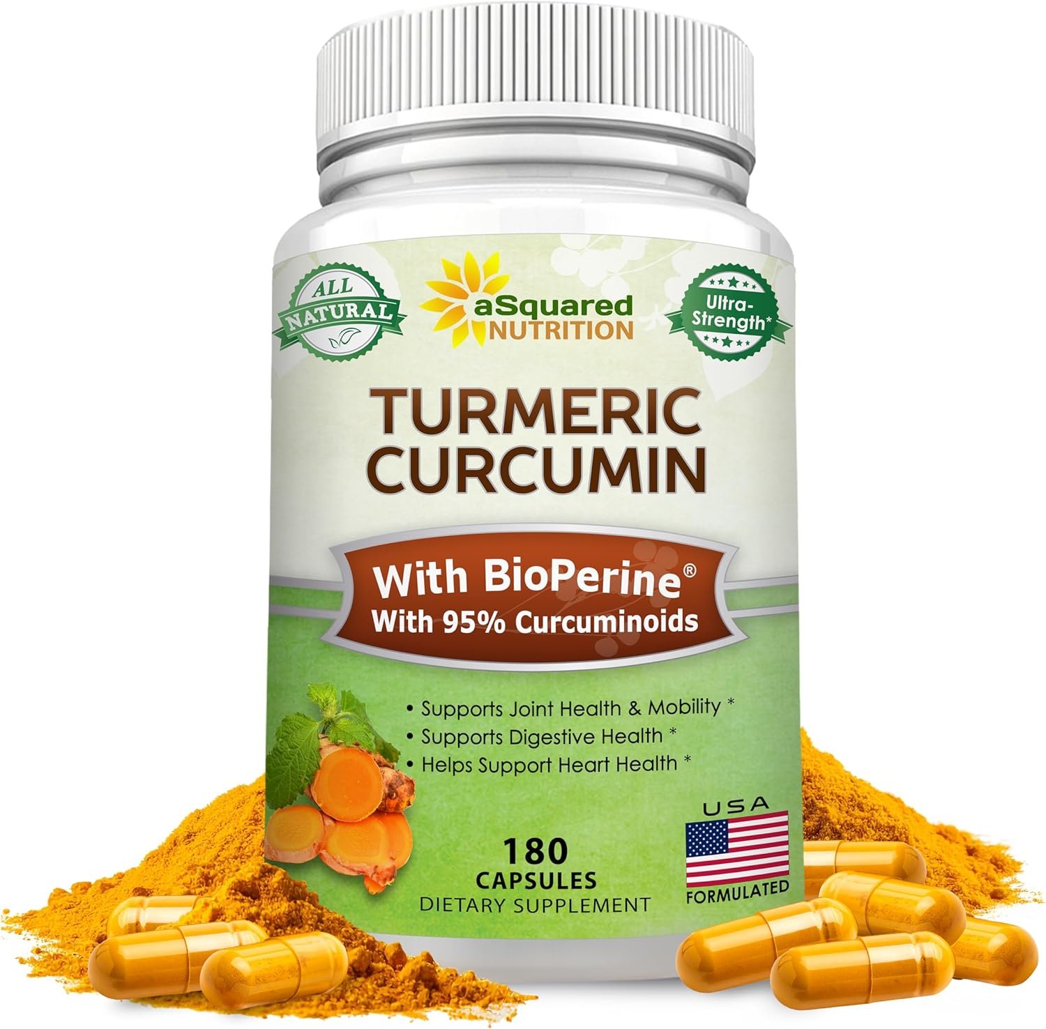 aSquared Nutrition Turmeric Curcumin 1300mg with BioPerine Black Pepper Extract – 180 Capsules – with 95% Curcuminoids, 100% Natural Tumeric Root Powder Supplements, Pure & Joint Stiffness Pills