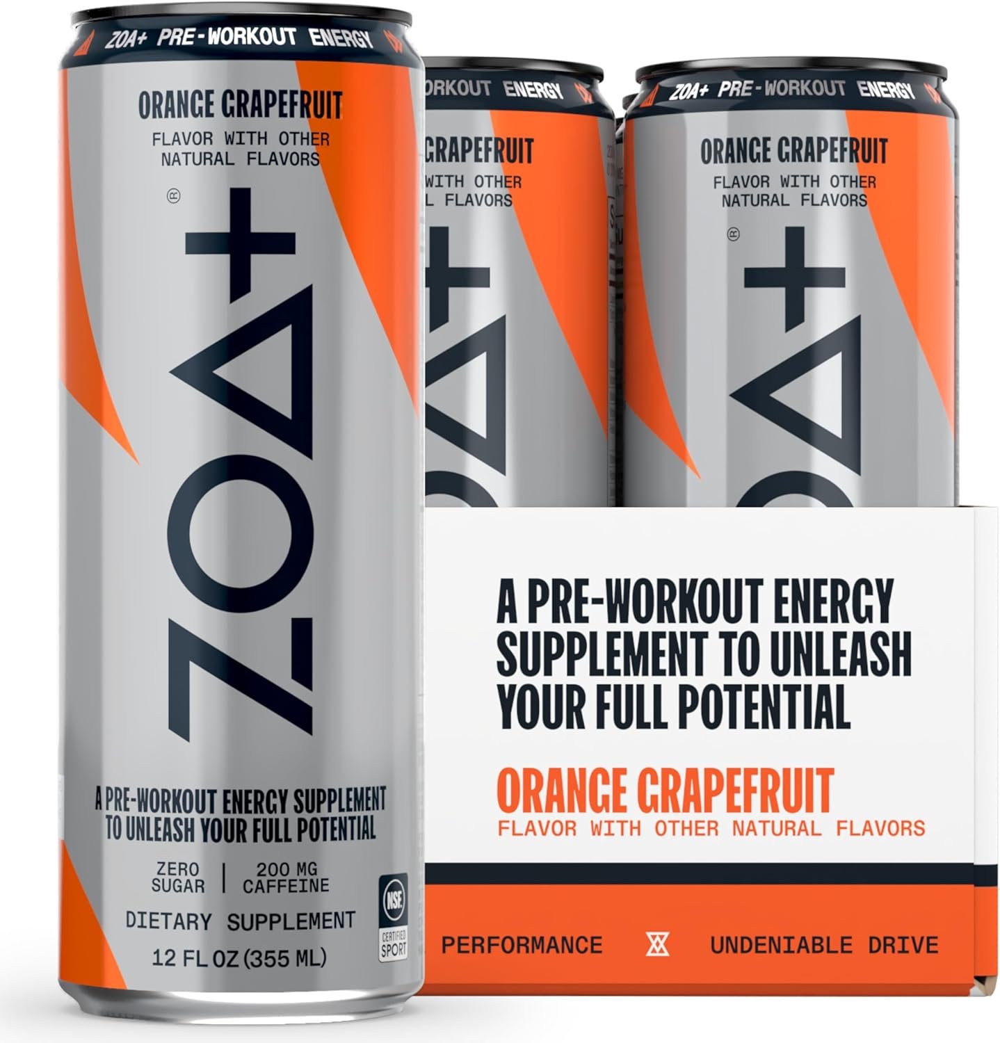ZOA+ Pre-Workout Energy Drink Supplement – NSF Certified for Sport with Zero Sugar, Nitric Oxide Support, B & D Vitamins, Amino Acids, and Electrolytes (Orange Grapefruit)