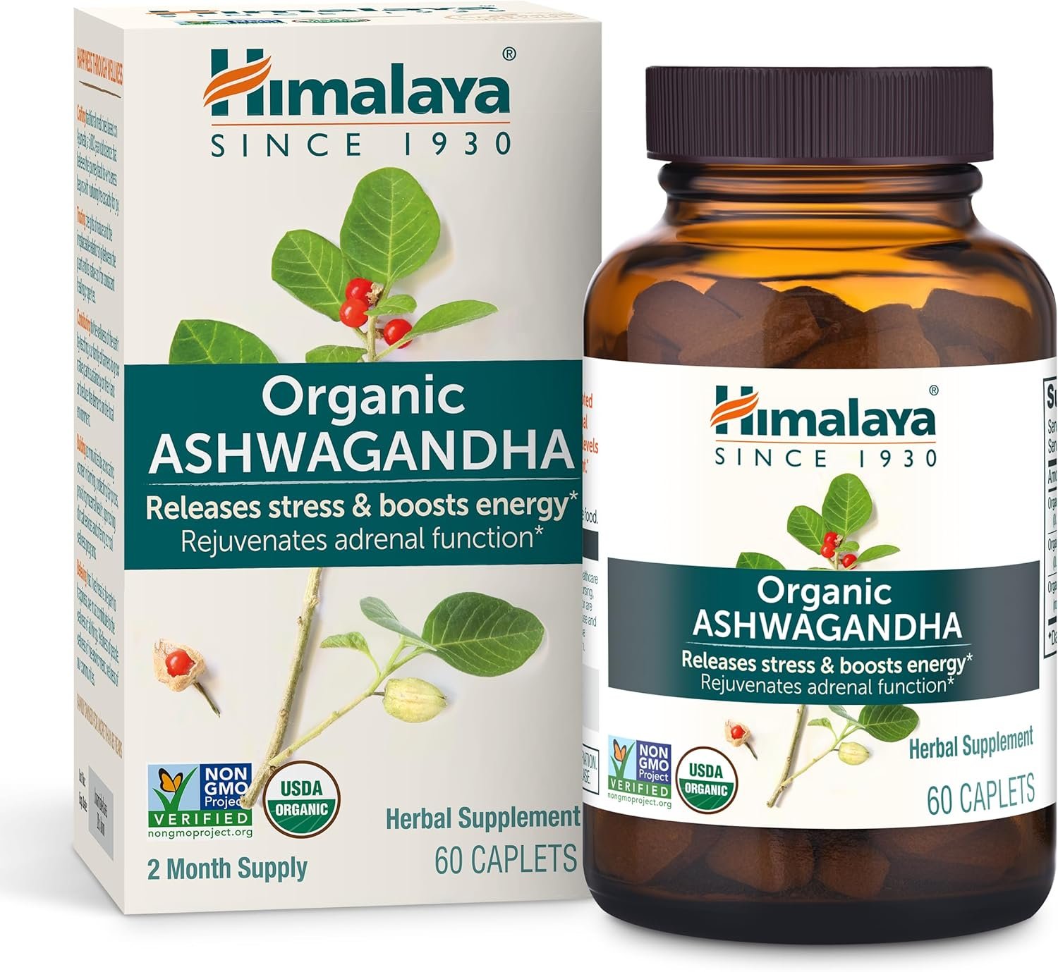 Himalaya Organic Ashwagandha Root, 60 Day Supply – Herbal Adrenal Support Supplements for Stress Relief and Energy Support – USDA Organic, Non-GMO, Vegan, Gluten Free, No Additives, 670 mg, 60 Caplets