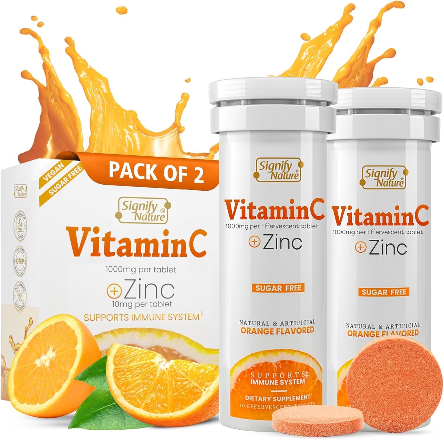 SIGNIFY NATURE Vitamin C 1000mg Effervescent Tablets – Potent Immune Support VIT C with Zinc Supplement – Sugar-Free & Vegan Formula | Dissolvable Vitamin C Tablets – Water Soluble Fizzy Elixir – 20CT