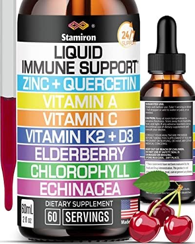 Zinc Quercetin Vitamin C D3 Liquid Immune Support with Vitamin A K2 Echinacea Chlorophyll and Elderberry – 9in1 Immune Defense Drops Complex for Immunity Health Respiratory Health – 60 Servings