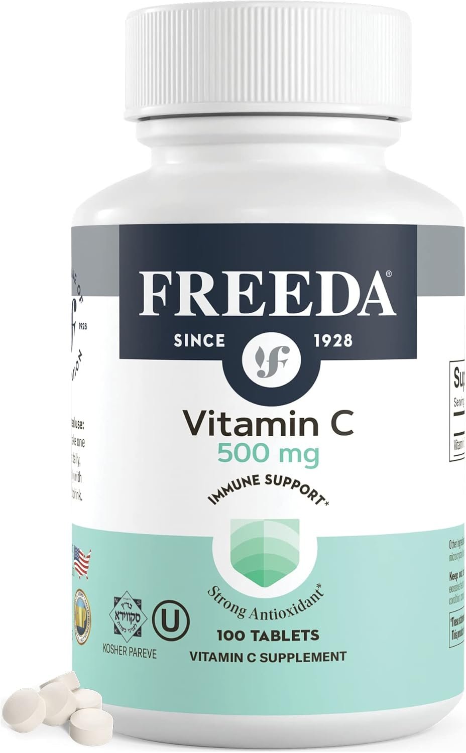 FREEDA Vitamin C – Vegan Vitamin C 500mg – Kosher – Powerful Antioxidant Immune Support – Easy to Swallow Vitamins C Tablets as Ascorbic Acid – Pure Vitamin C 500 mg – VIT C Supplement (100 Count)