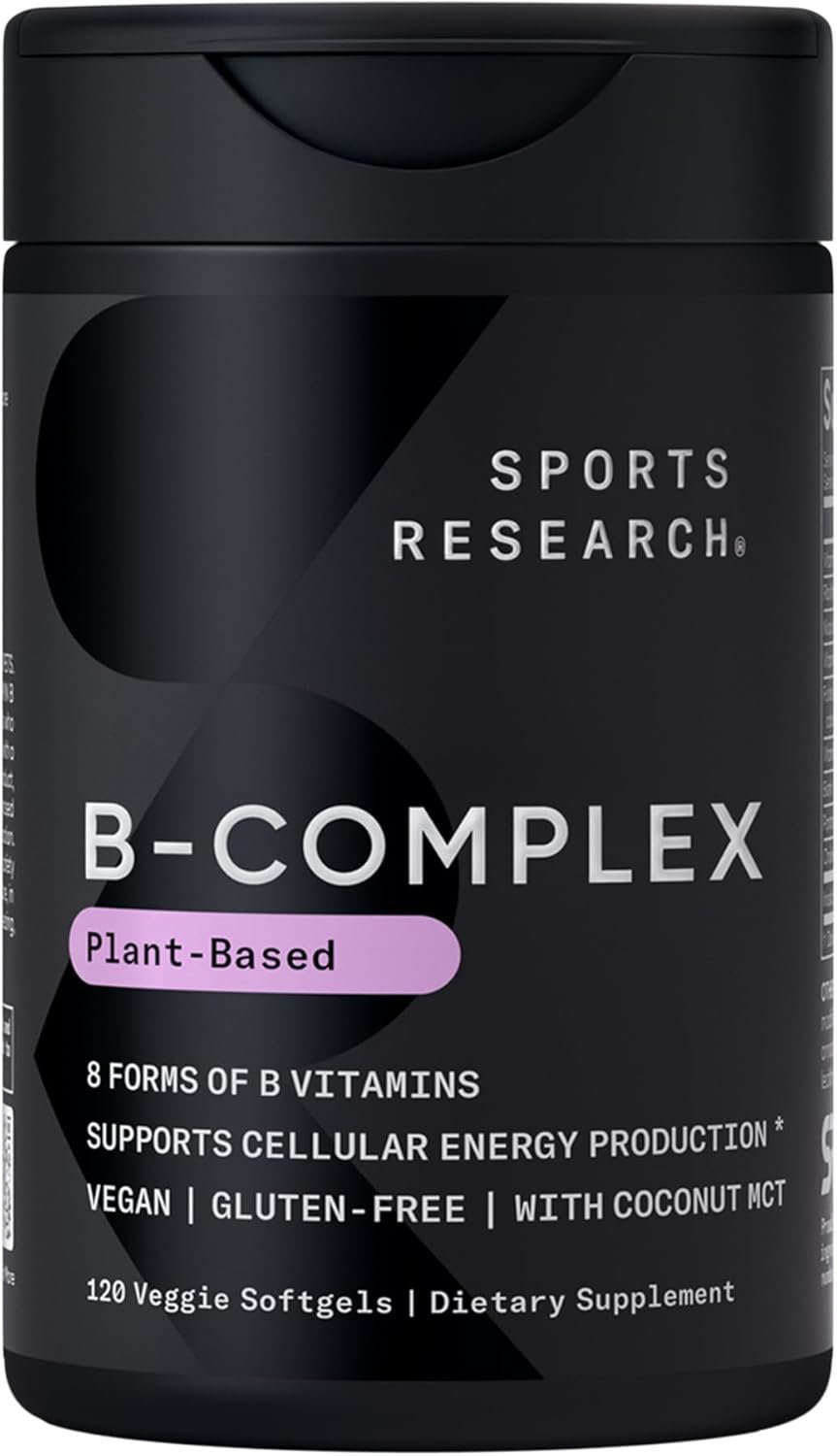 Sports Research® Vitamin B-Complex – Full Spectrum of B Vitamins with Methylated B12 & Folate – Gluten Free · Plant-Based · Non-GMO · Vegan-Friendly Formula – 120 Veggie Softgels