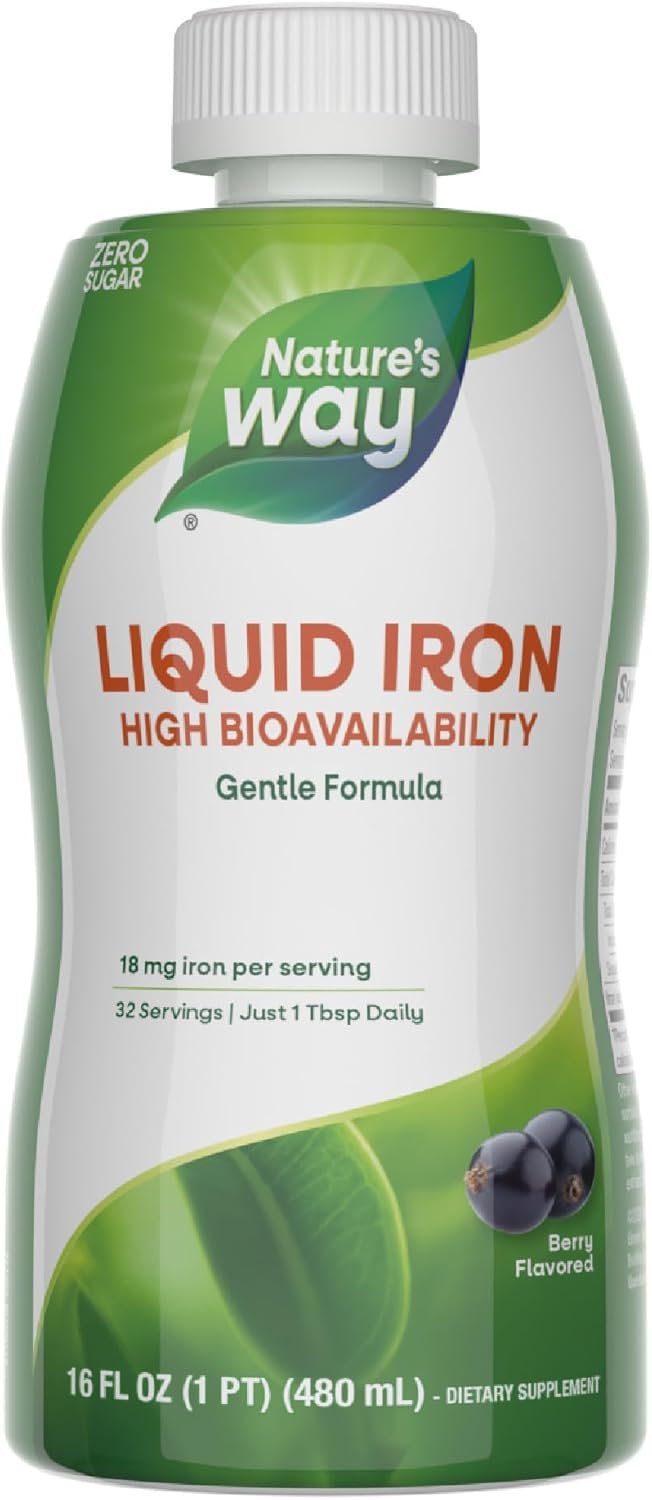 Nature’s Way Liquid Iron, 100% Daily Value, 18 mg Iron as Ferric Glycinate per Serving, No Sugar Added, Berry Flavored, 16 Fl Oz (Packaging May Vary)
