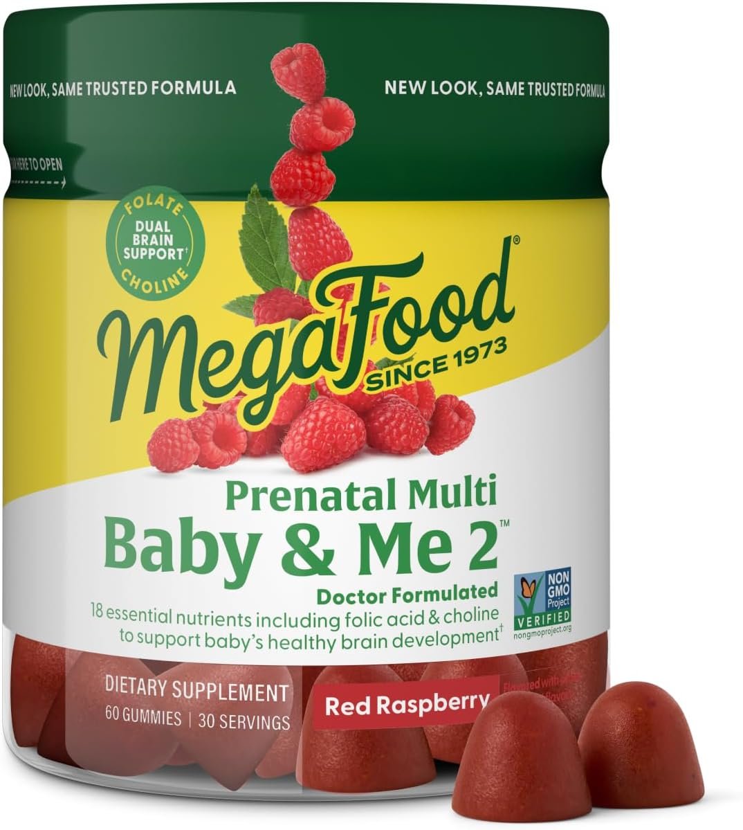 MegaFood Baby & Me 2 Prenatal Vitamins for Women Gummies with Folic Acid and Choline for Baby’s Brain Development; Plus Real Fruit- Red Raspberry Flavor – 60 Gummies (30 Servings)