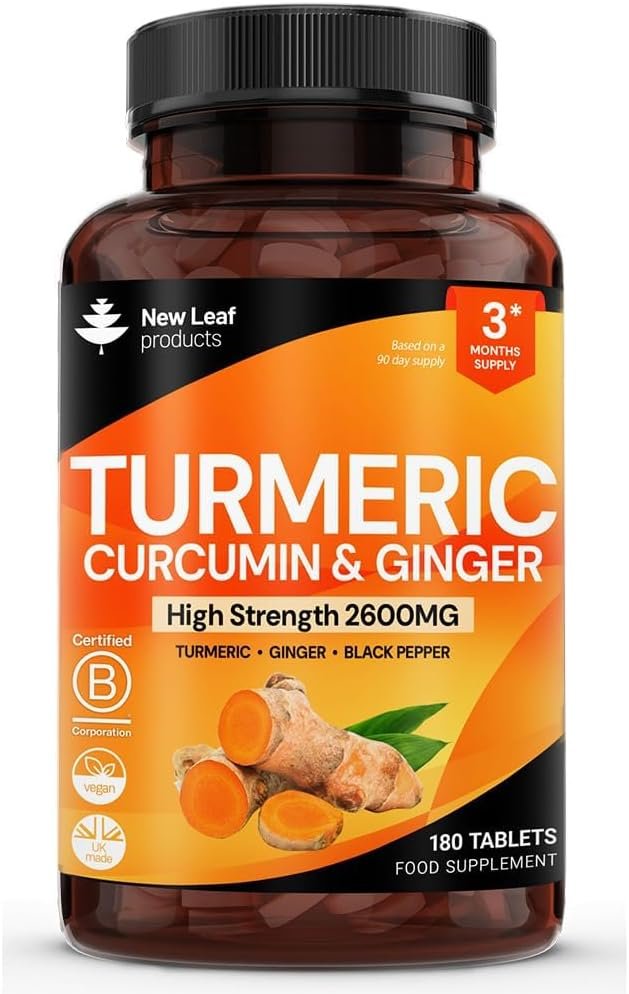 Turmeric Tablets with Black Pepper & Ginger – Curcumin – 180 Turmeric and Black Pepper Tablets (3 Month) High Strength Active Turmeric Supplements Not Capsules, by New Leaf