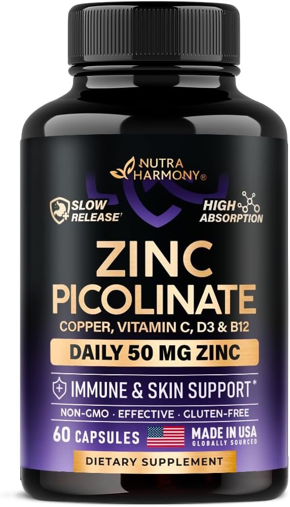 Zinc Picolinate 50mg – Zinc Supplement with Copper, Vitamin D3 & B12 – Stomach Friendly | Slow Release – Immune Support & Skin Health – High Absorption with BioPerine & Vitamin C – 60 Capsules