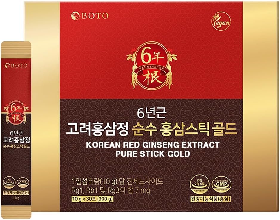 BOTO 6 Year Korean Red Ginseng Extract Pure Stick Gold | Premium Korean Ginseng Supplement for Daily Vitality | 30 Sachet