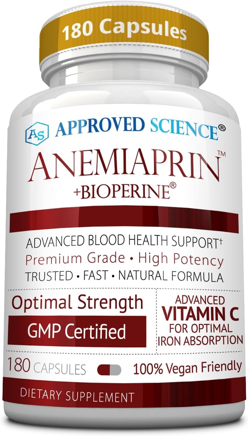 Approved Science Anemiaprin – Absorbable Iron, Vitamin C – Gentle On Stomach – 180 Capsules – 3 Month Supply – Non-GMO, Vegan