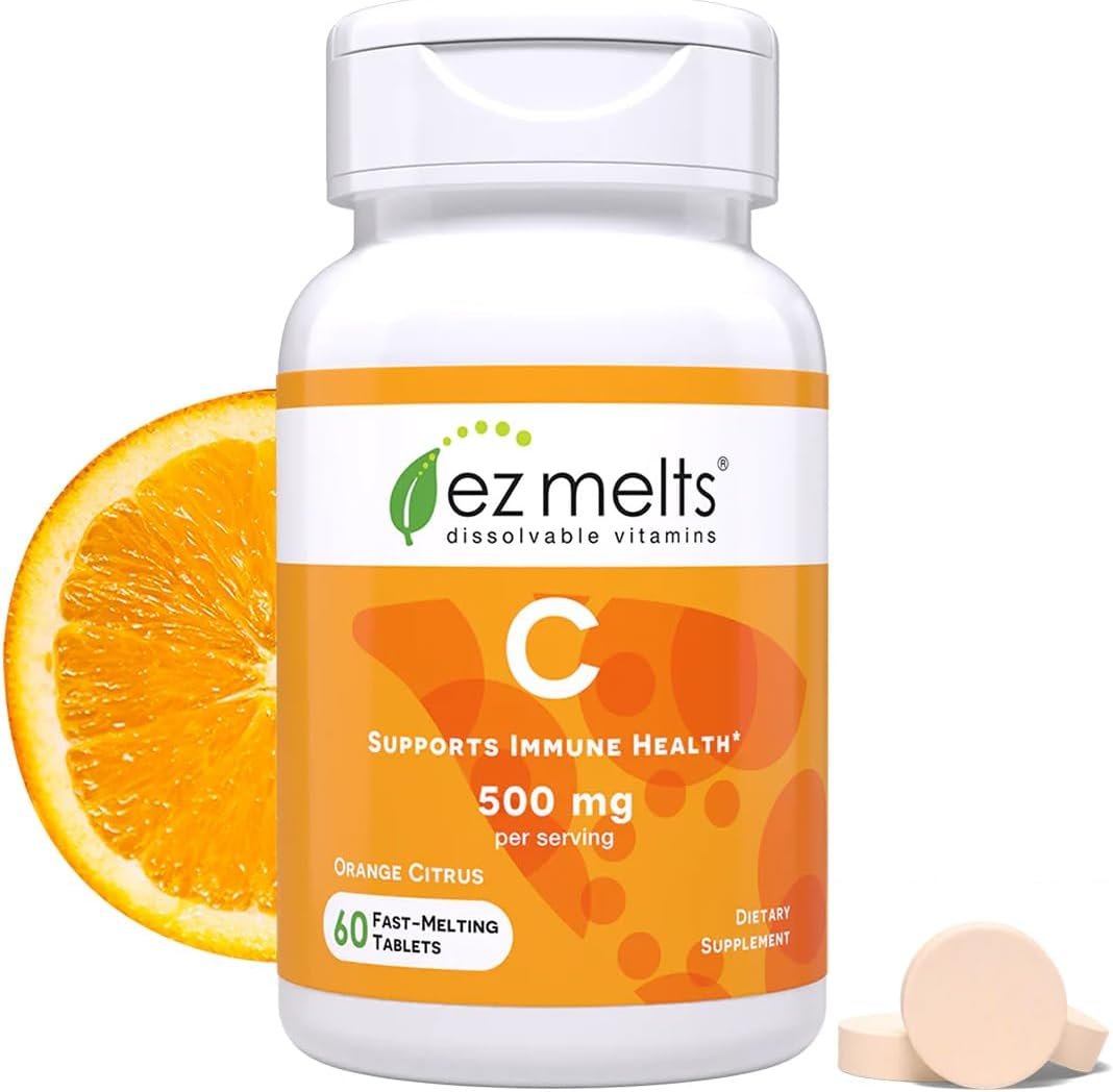 EZ Melts Vitamin C – Daily Vitamin for Antioxidant & Immune Support – No Artificial Flavors – Non-GMO & Sugar-Free – Orange Citrus – 60 Dissolvable Tablets (30 Servings)
