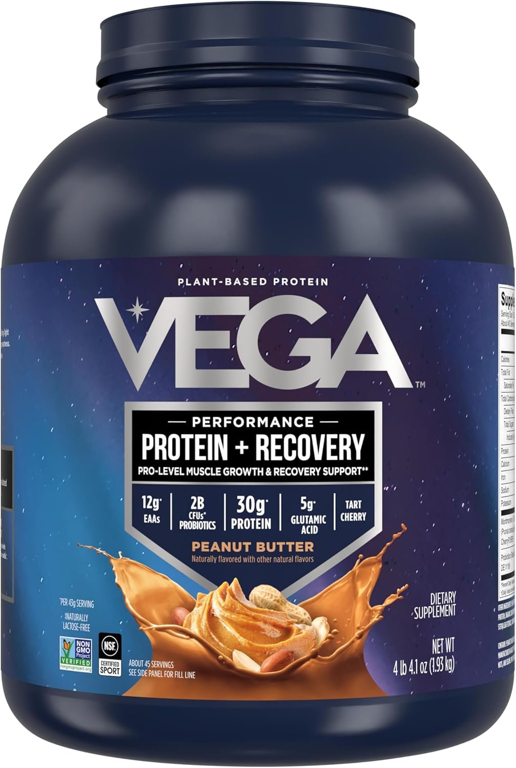 Vega Sport Vegan Protein Powder + Recovery – 30g Plant Based Protein per Serving, Peanut Butter, 45 Servings, 5g BCAAs, Probiotics, NSF Certified, for Shakes & Smoothies, 4.2lbs (Packaging May Vary)