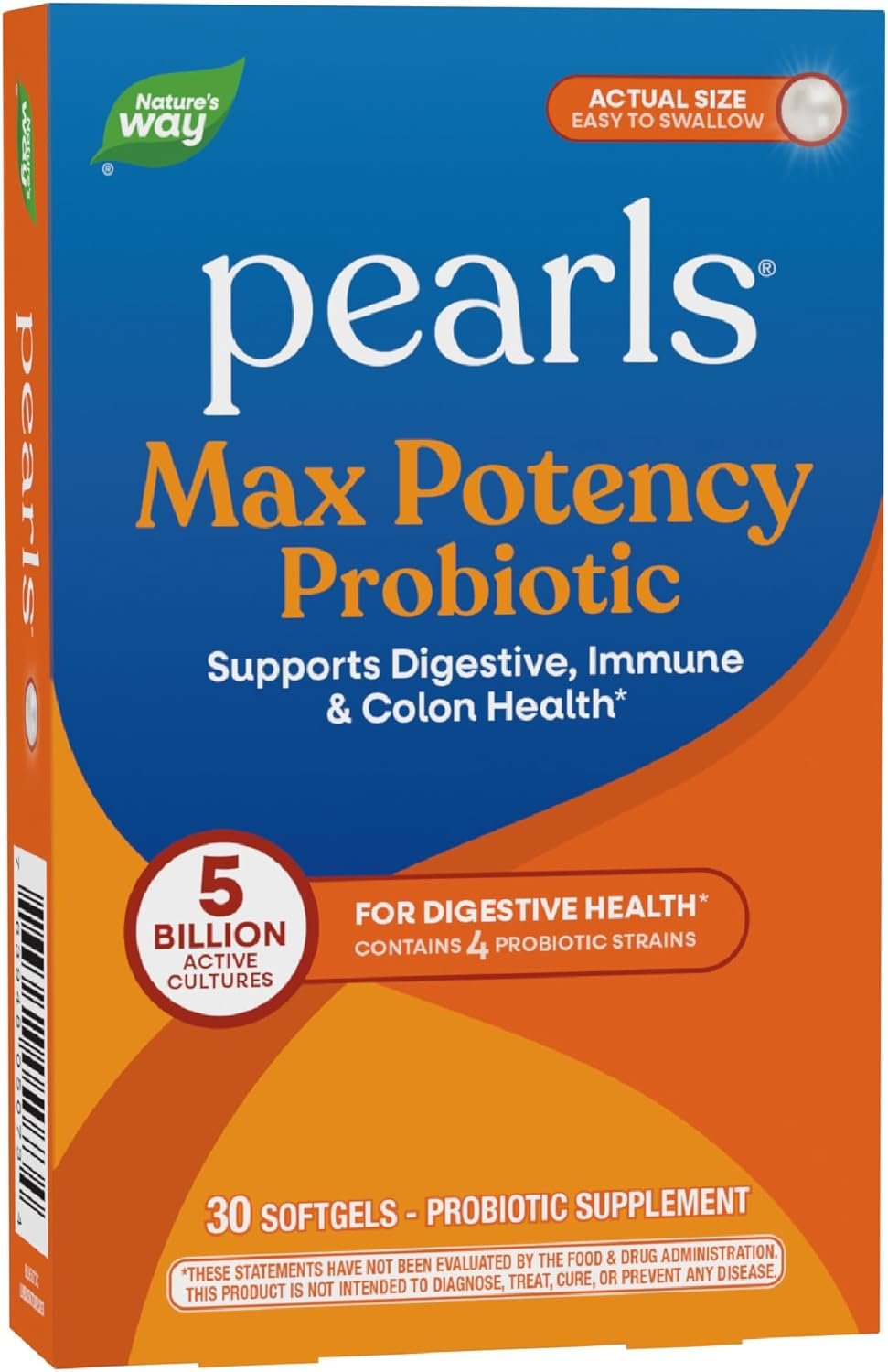 Nature’s Way Pearls Max Potency Probiotic for Men and Women, Supports Digestive, Immune, Colon Health*, 5 Billion Live Cultures, No Refrigeration Required, 30 Softgels