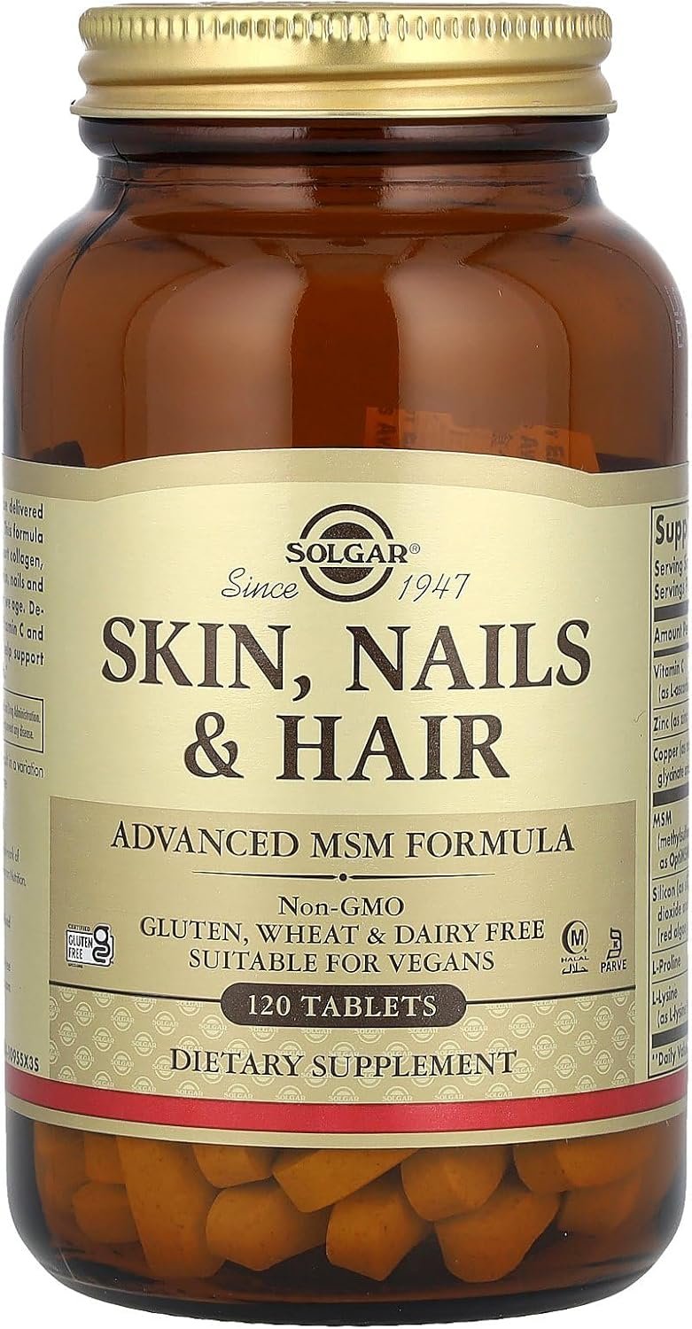 Solgar Skin, Nails & Hair, Advanced MSM Formula, 120 Tablets – Supports Collagen for Hair, Nail and Skin Health – Provides Zinc, Vitamin C & Copper – Non GMO, Vegan, Gluten & Dairy Free – 60 Servings ,Standard Packaging , 120 Count