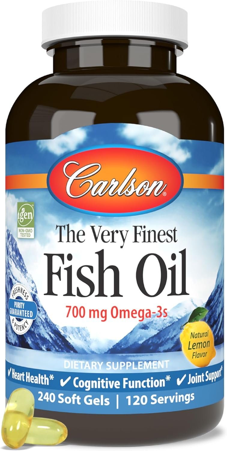 Carlson – The Very Finest Fish Oil, 700 mg Omega-3s, Norwegian Fish Oil Supplement, Wild Caught Omega-3 Fish Oil, Sustainably Sourced Fish Oil Capsules, Omega 3 Supplement, Lemon, 240 Softgels