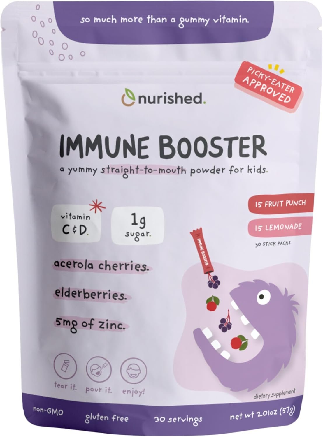 Kids Immune Booster with Elderberry, Acerola Cherry, Zinc, Vitamins C & D – Straight-to-Mouth Powder – 30 Servings – 2 Flavors