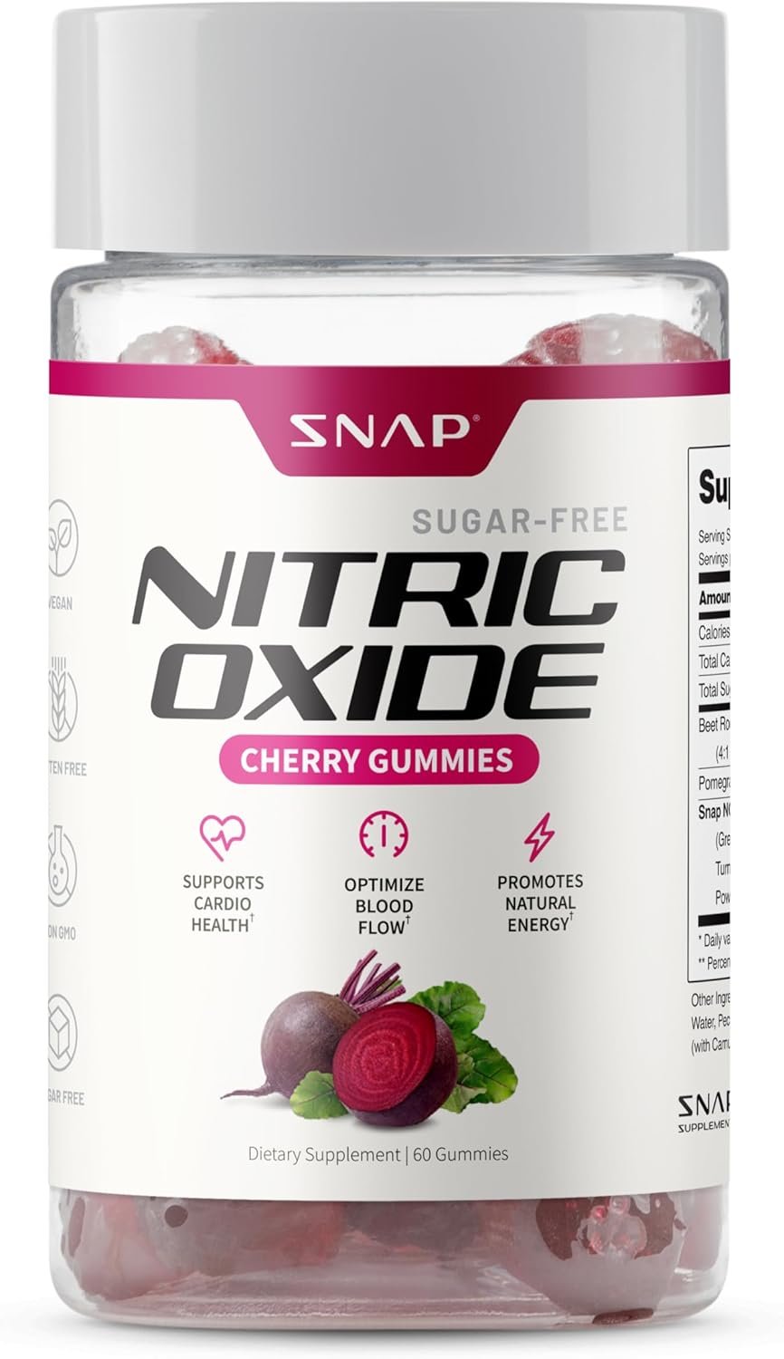 Snap Supplements Nitric Oxide Beet Root Gummies – Beet Root Supplement with Pomegranate Powder Supports Heart Health & Natural Energy, 60 Sugar-Free Gummies (30 Servings, 1 Month Supply), Cherry