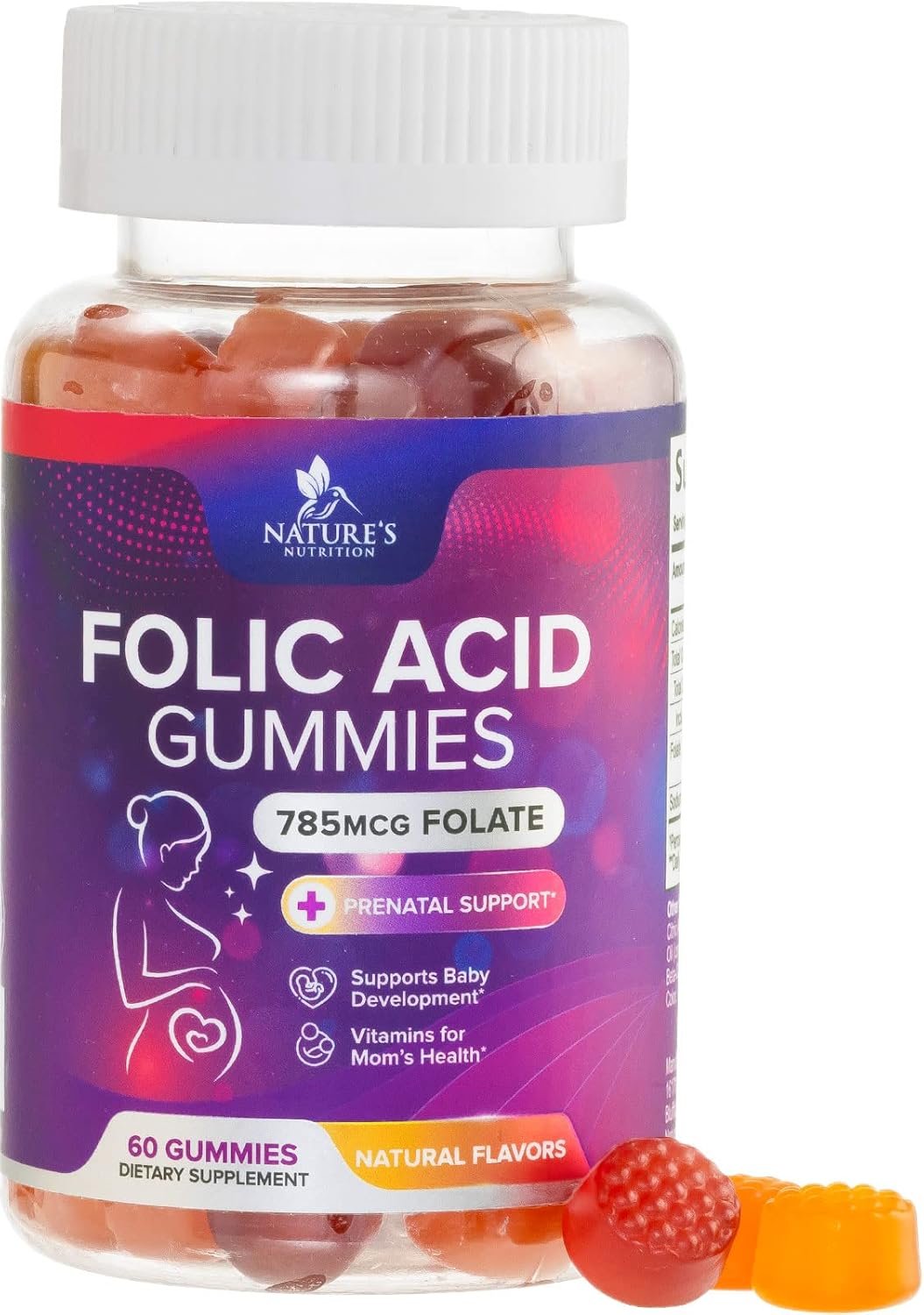 Folic Acid Gummies for Women 785 mcg – Essential Prenatal Vitamins for Mom & Baby, Vegan Folic Supplement Gummy, Daily Vitamin B9 Extra Strength Folate, Before During After Pregnancy – 60 Gummies