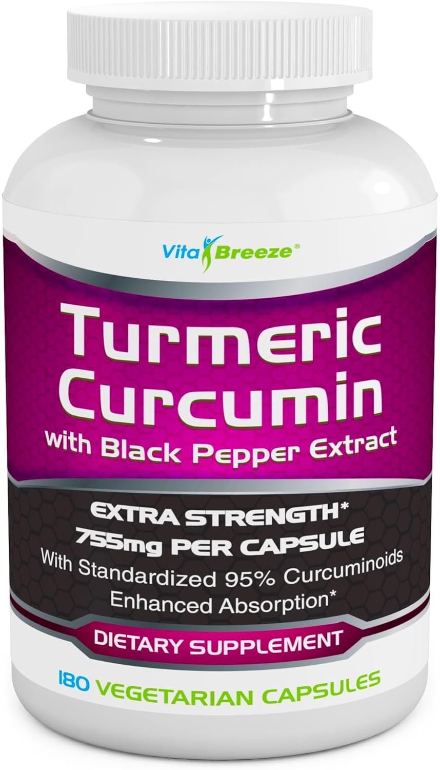 Turmeric Curcumin Complex with Black Pepper Extract – 755mg per Capsule, 180 Veg. Caps – Contains Piperine (for Superior Absorption and Tumeric Bio-Availability) and 95% Standardized Curcuminoids