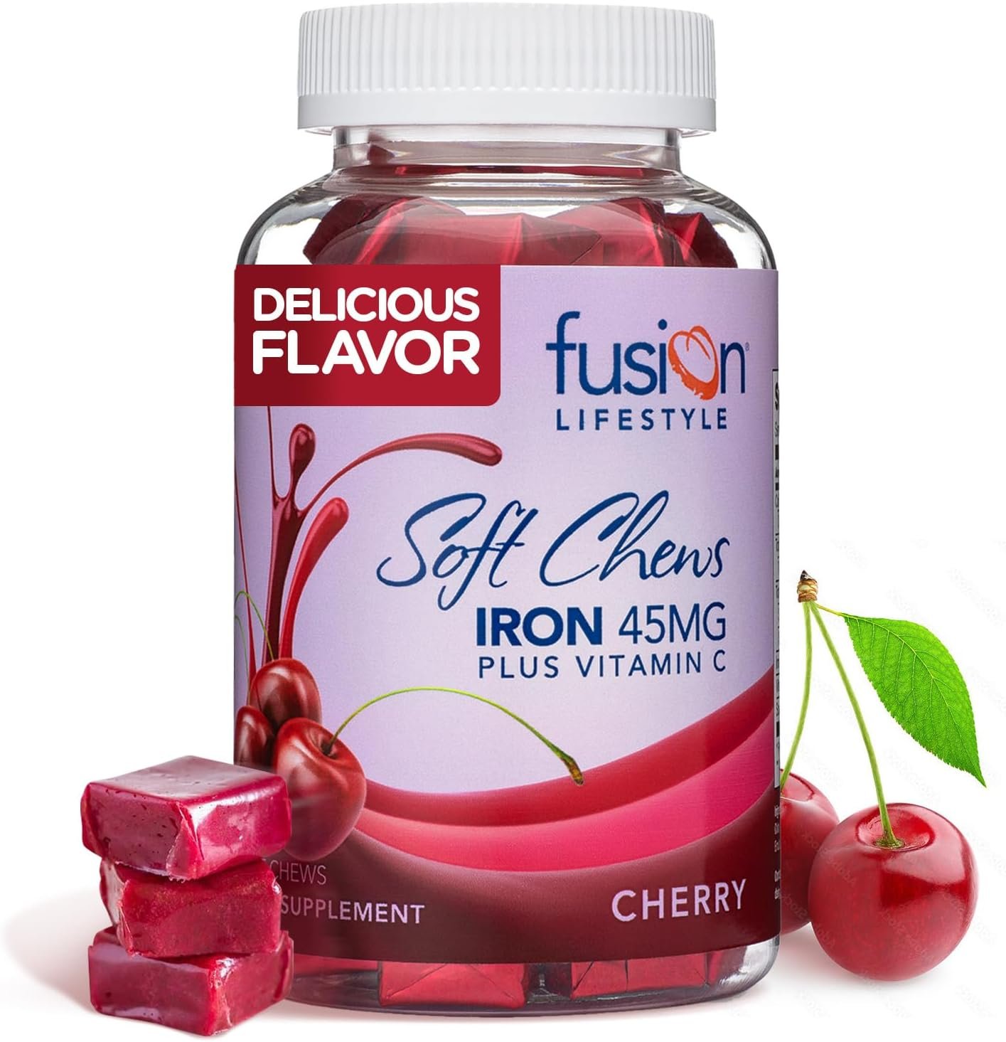 Chewable Iron Supplement for Women & Men – Cherry Flavor, Iron Vitamin C Soft Chew for Max Absorption, Iron as Ferrous Fumarate, Ideal for Anemia and Iron Deficiency, 2 Month Supply
