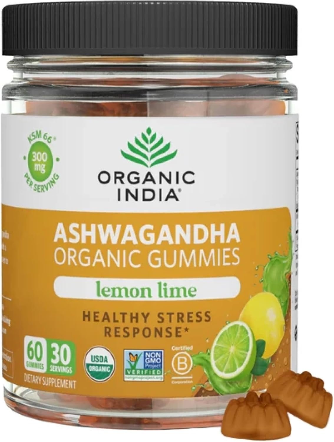 ORGANIC INDIA Ashwagandha Gummies for Men & Women – Stress Supplement, KSM-66 Ashwagandha Root, Extra Strength, Calm Chews, Vegan, Non-GMO – Lemon Lime, 60 Gummies