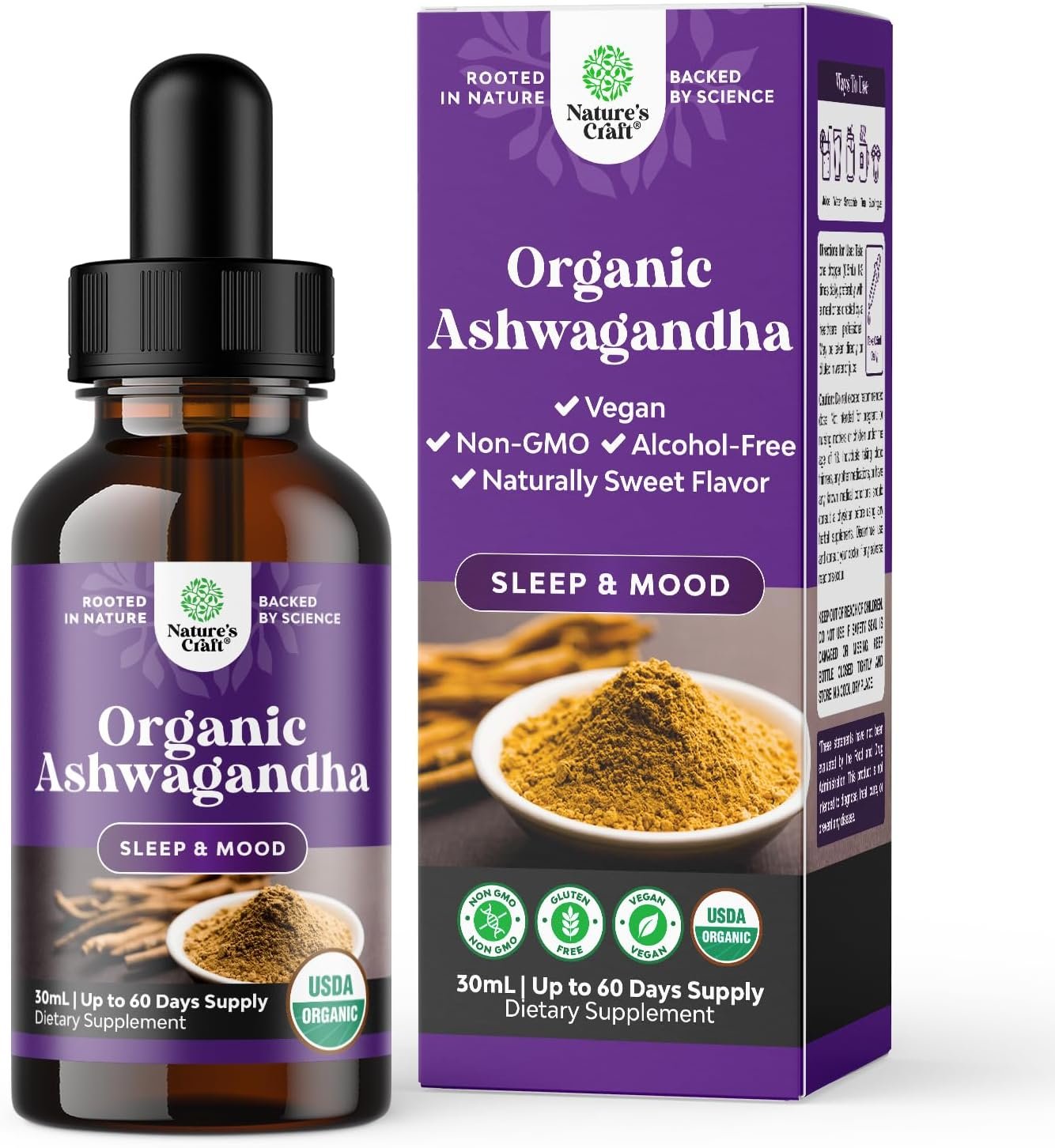 USDA Organic Ashwagandha Liquid Drops – Ashwagandha Root Extract for Stress and Mood Support – Delicious Pure Adaptogen Drops for Adults – Alcohol-Free Herbal Tinctures for Rest – 30 ml Bottle