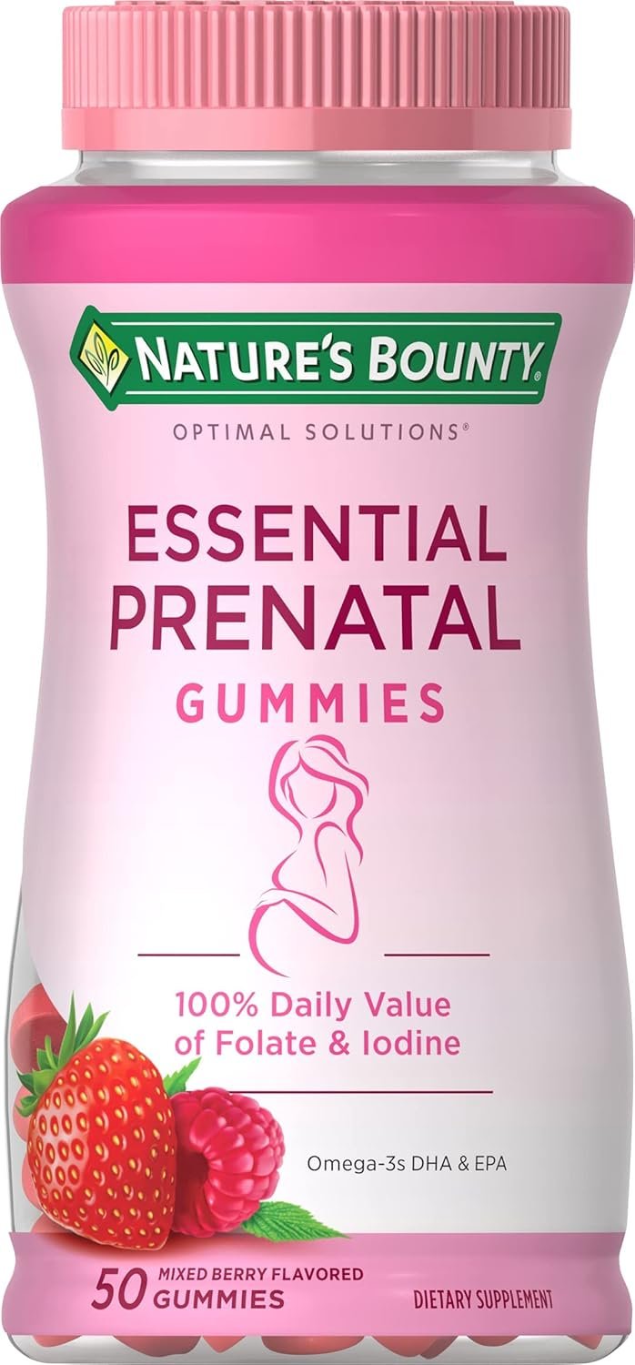 Nature’s Bounty Optimal Solutions Essential Prenatal Gummies, Folic Acid and Iodine, Omega 3 and DHA, 50 Count, 25 Total Servings