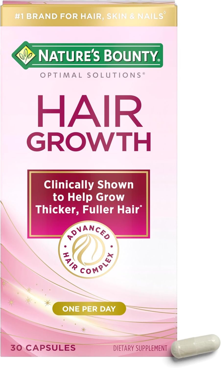 Nature’s Bounty Optimal Solutions Hair Growth Supplement with Biotin, Hair Growth Vitamins with Biotin Silicon & Arginine, 1 Per Day, 30 Capsules, One Month Supply