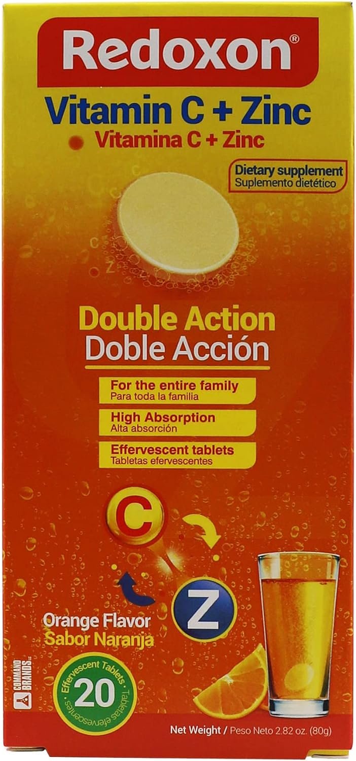 Redoxon Vitamin C + Zinc, Effervescent Tablets of Vitamin C and Zinc, Helps Support Your Immune System, Orange Flavor, 20 Effervescent Tablets, 2.82 Oz, Box