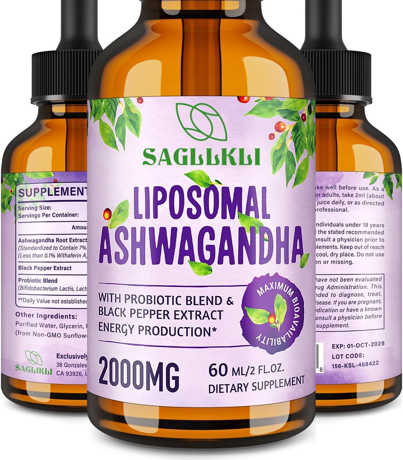 Liposomal Ashwagandha Liquid Drops 2000mg, Ashwagandha Root Extract Supplement (7% Withanolides) with Black Pepper Extract & Probiotics for Focus, Cognition & Energy – 2 FL.OZ (1 Bottle)