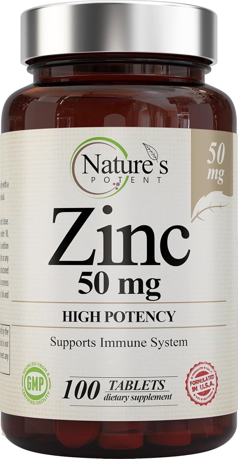 Zinc 50mg [High Potency] Supplement – Immune Support System from Natural Zinc (Oxide/Citrate) 100 Tablets, Made by Nature’s Potent.