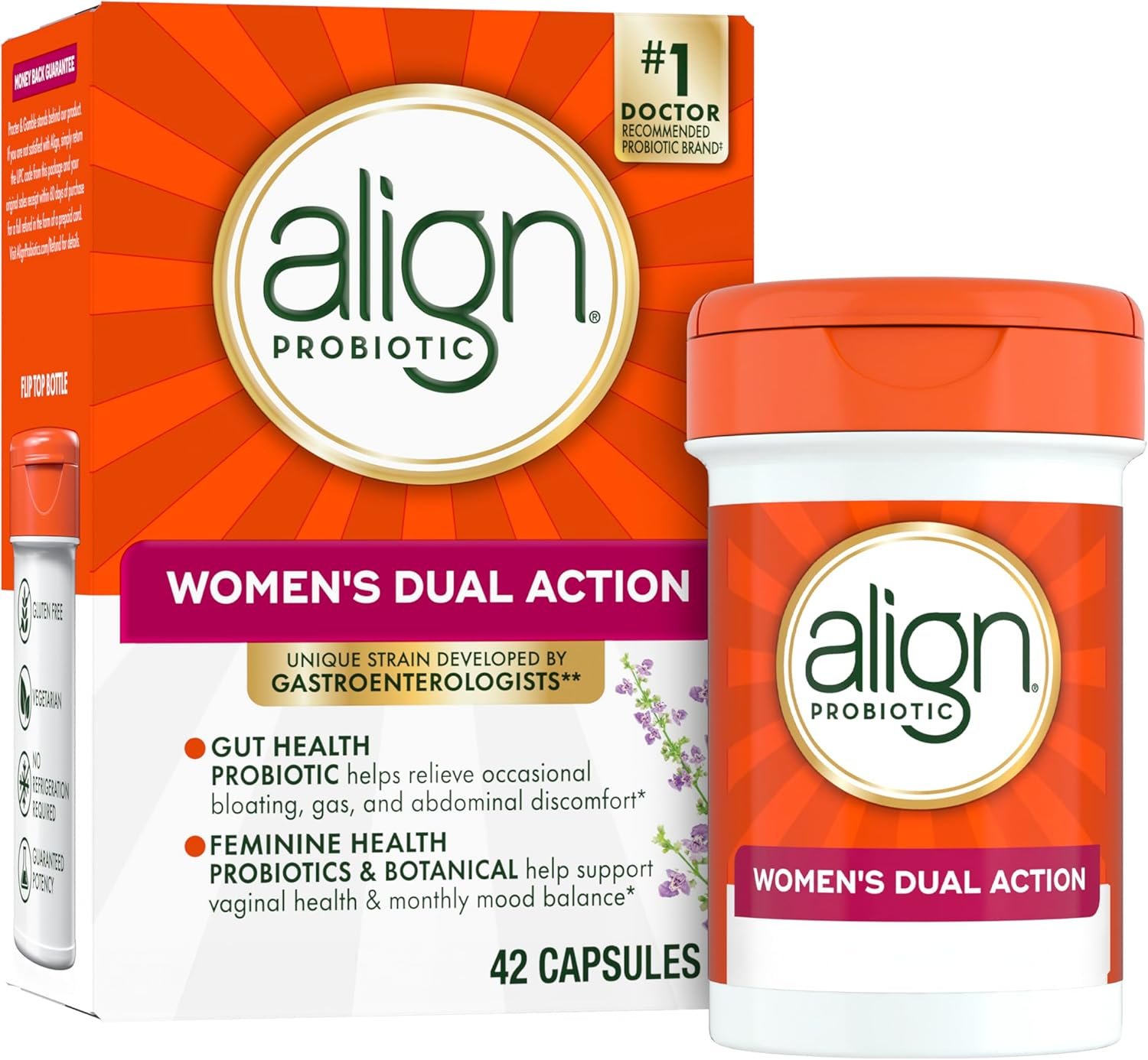 Align Probiotic, Women’s Dual Action, Probiotics for Women, Multi-Strain Probiotic with Chaste Tree, Supports Feminine Health*, Relieves Occasional Bloating, Gas, Abdominal Discomfort*, 42 Capsules