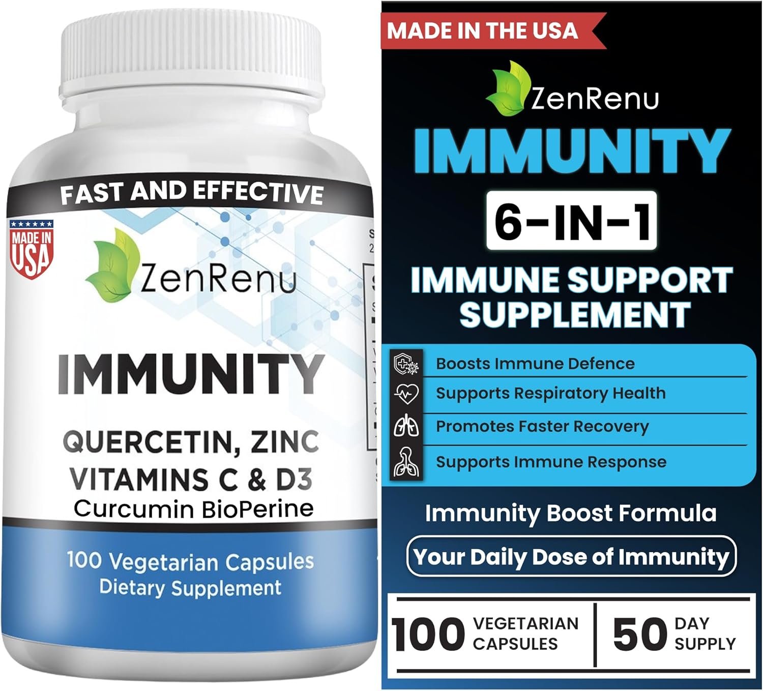Zenrenu Immunity Quercetin 700 mg Zinc Vitamin C Vitamin D Immune Support Supplement with Curcumin – Easy to Absorb Immunity Supplement, 100 Vegetarian Capsules 50 Day Supply