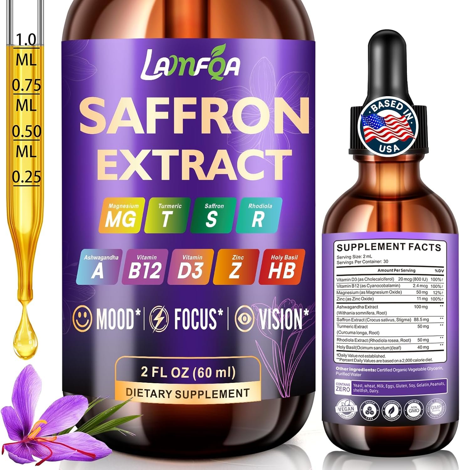 Saffron Extract for Anxiety Relief & Calm Mood Support | 88.5mg Saffron Supplement | Enhanced with Manganese for Brain & Stress Support | Vegan, Non-GMO, Alcohol-Free Tincture, Based in USA – 2 Oz