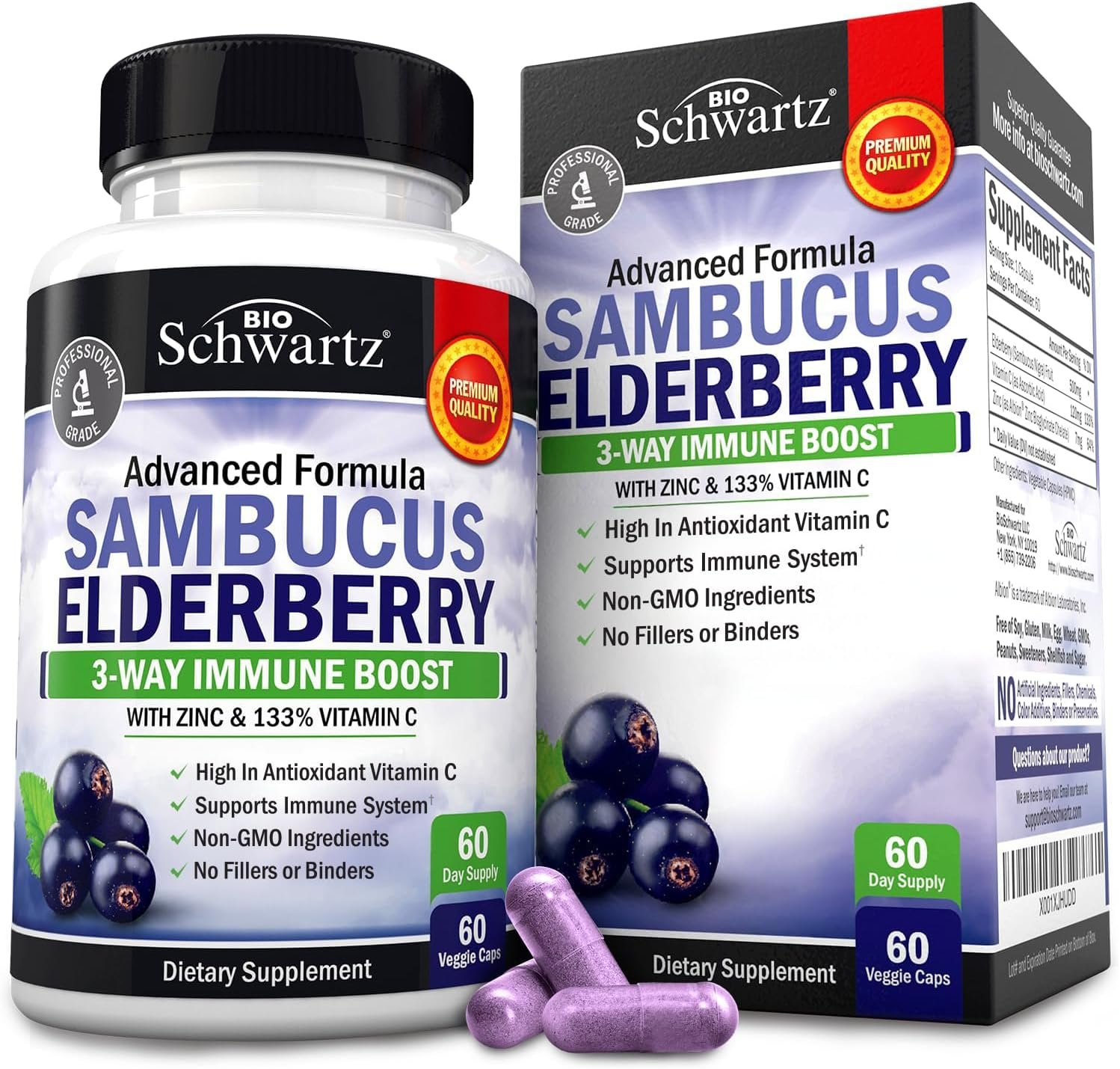 Elderberry Capsules with Zinc and Vitamin C for Adults – Immune Support Vitamins for Women and Men – Black Sambucus Elderberry Vitamin C and Zinc – Immune Defense Multiminerals Supplement, 60 Count