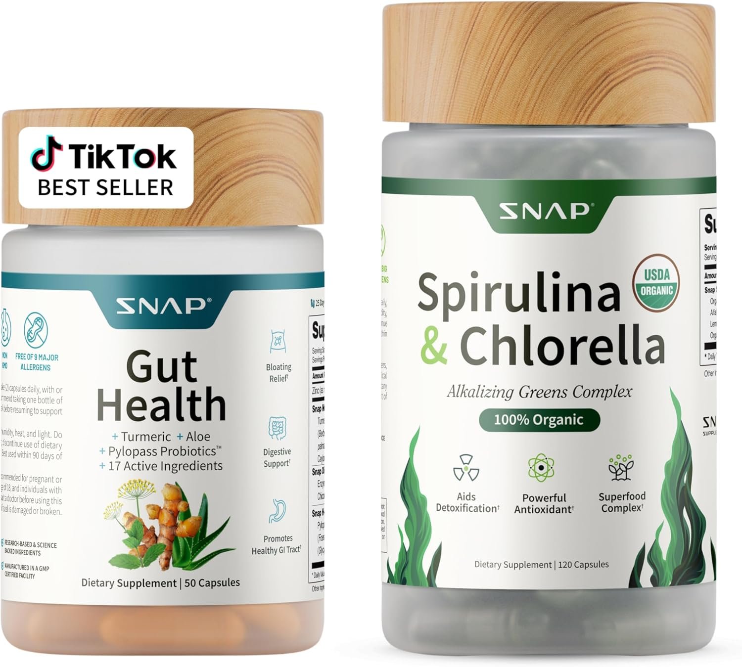 Snap Supplements Gut Health & Organic Spirulina Chlorella Bundle–Probiotic + Digestive Enzymes + Greens–Supports Digestion, Detox, Energy & Immune Health, 50 + 120 Vegetarian Capsules (1 Month Supply)
