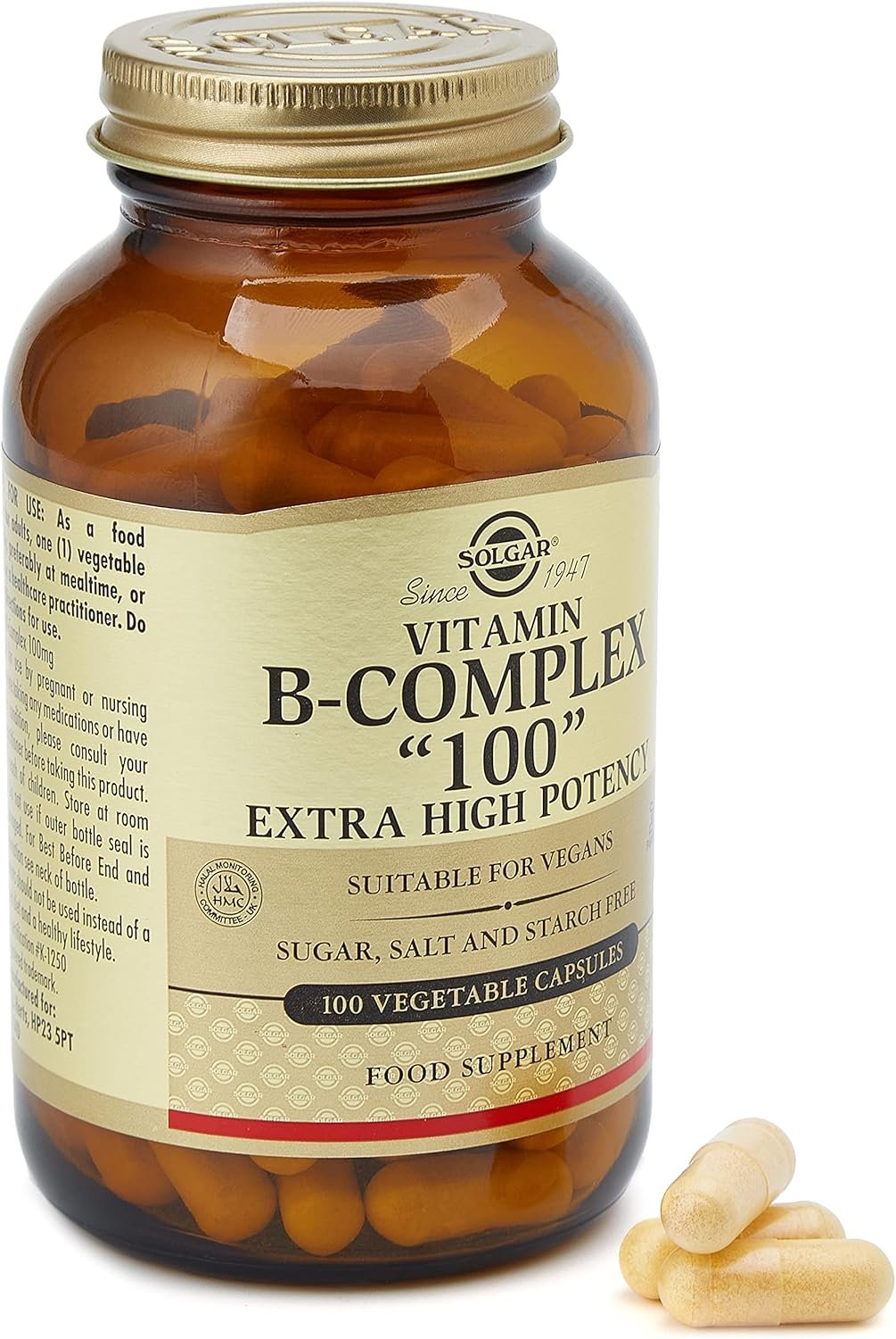 Solgar B-Complex “100”, 100 Vegetable Capsules – Nervous System Support – Supports Energy Metabolism – Non-GMO, Vegan, Gluten Free, Dairy Free, Kosher – 100 Servings