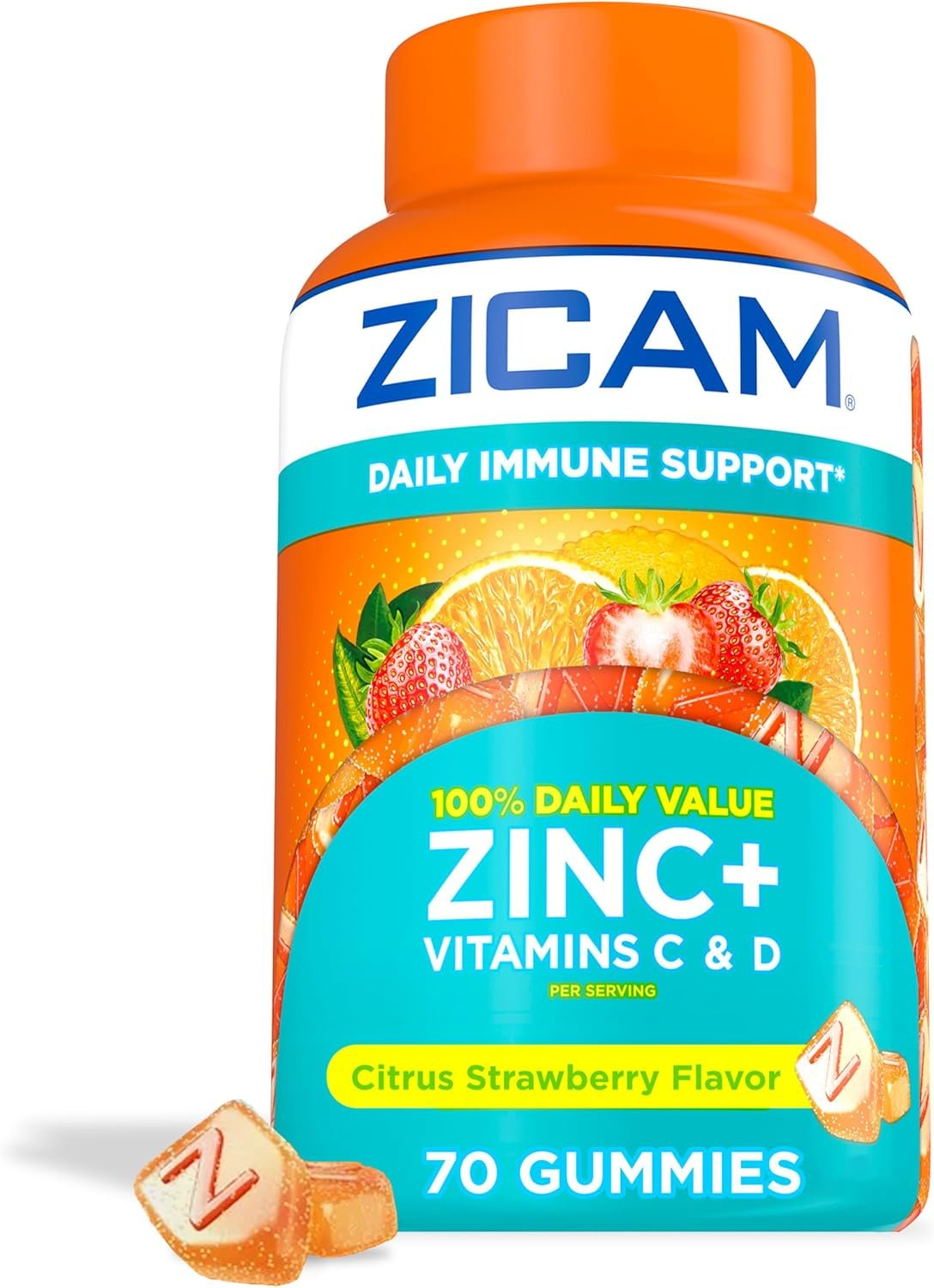 Zicam Daily Immune Support, Gummy Supplement, Zinc, Vitamin C and Vitamin D, Citrus Strawberry Flavor, 70 Count