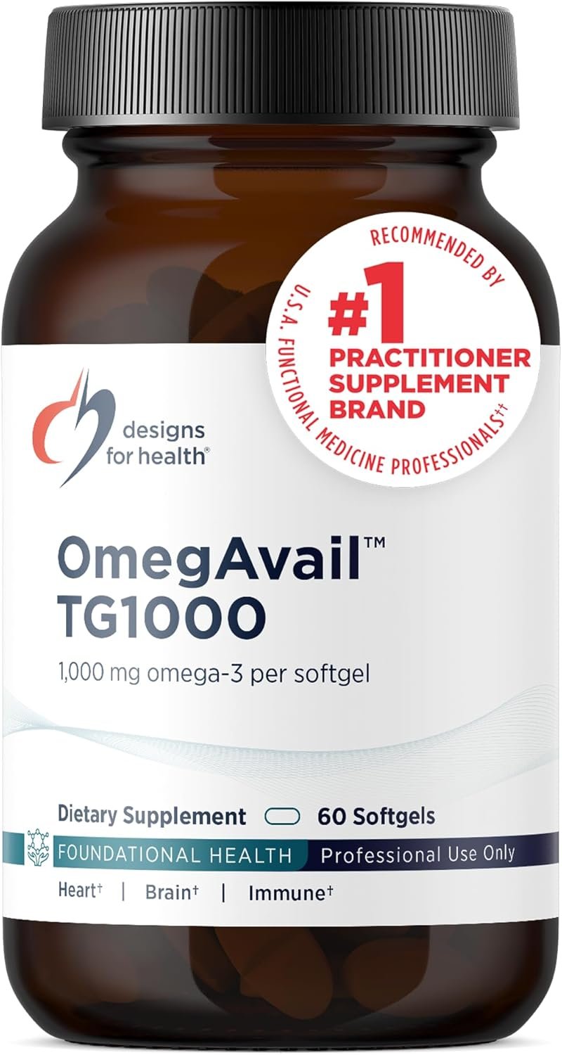 Designs for Health OmegAvail TG1000 – TG (Triglyceride) Fish Oil Supplement with EPA/DHA – Highly Concentrated 1000mg Omega-3 Per Softgel – Natural Lemon Flavor + No Fishy Aftertaste (60 Softgels)