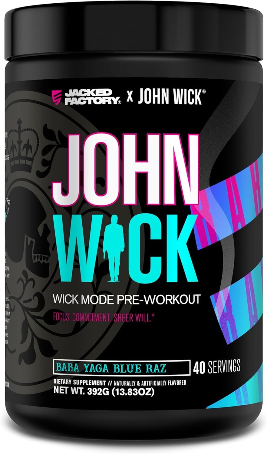 Jacked Factory X John Wick – Wick Mode Pre Workout Powder – Intense Energy, Battle-Ready Focus, Unstoppable Commitment, and Sheer Will – 40 Servings, Baba Yaga Blue Raz