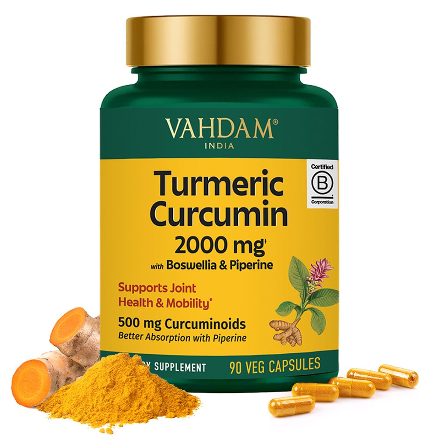 VAHDAM, Turmeric Curcumin Supplement 2000mg (500mg Curcuminoids) with Boswellia & Piperine for Fast Absorption | Supports Joint Health and Mobility | 90 Capsules